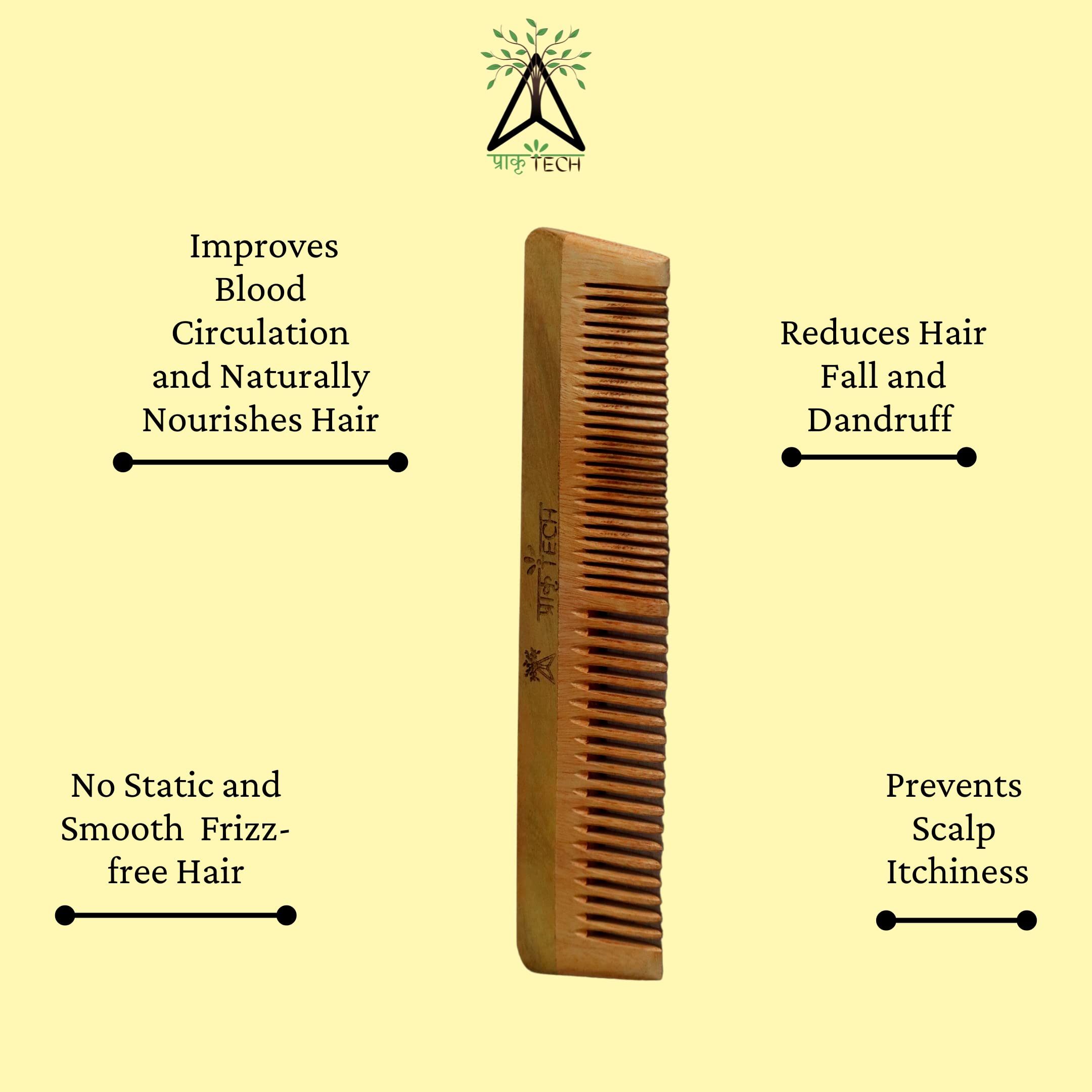 PRAKRTECH Neem Wood Shampoo Comb - Anti Dandruff & Hair Loss Prevention Comb for Scalp Massage | Natural Ayurvedic Hair Care Tool for Men & Women | Perfect for Daily Use, Travel & Salon Styling