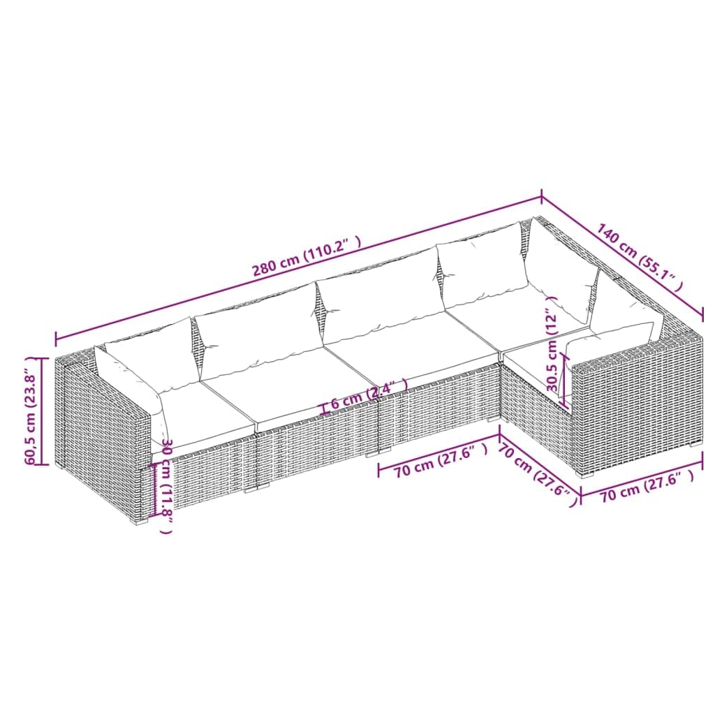 vidaXL 5-Piece Patio Lounge Set - Brown Poly Rattan Outdoor Sectional Sofa with Cushions for Garden, Backyard, and Poolside Relaxation