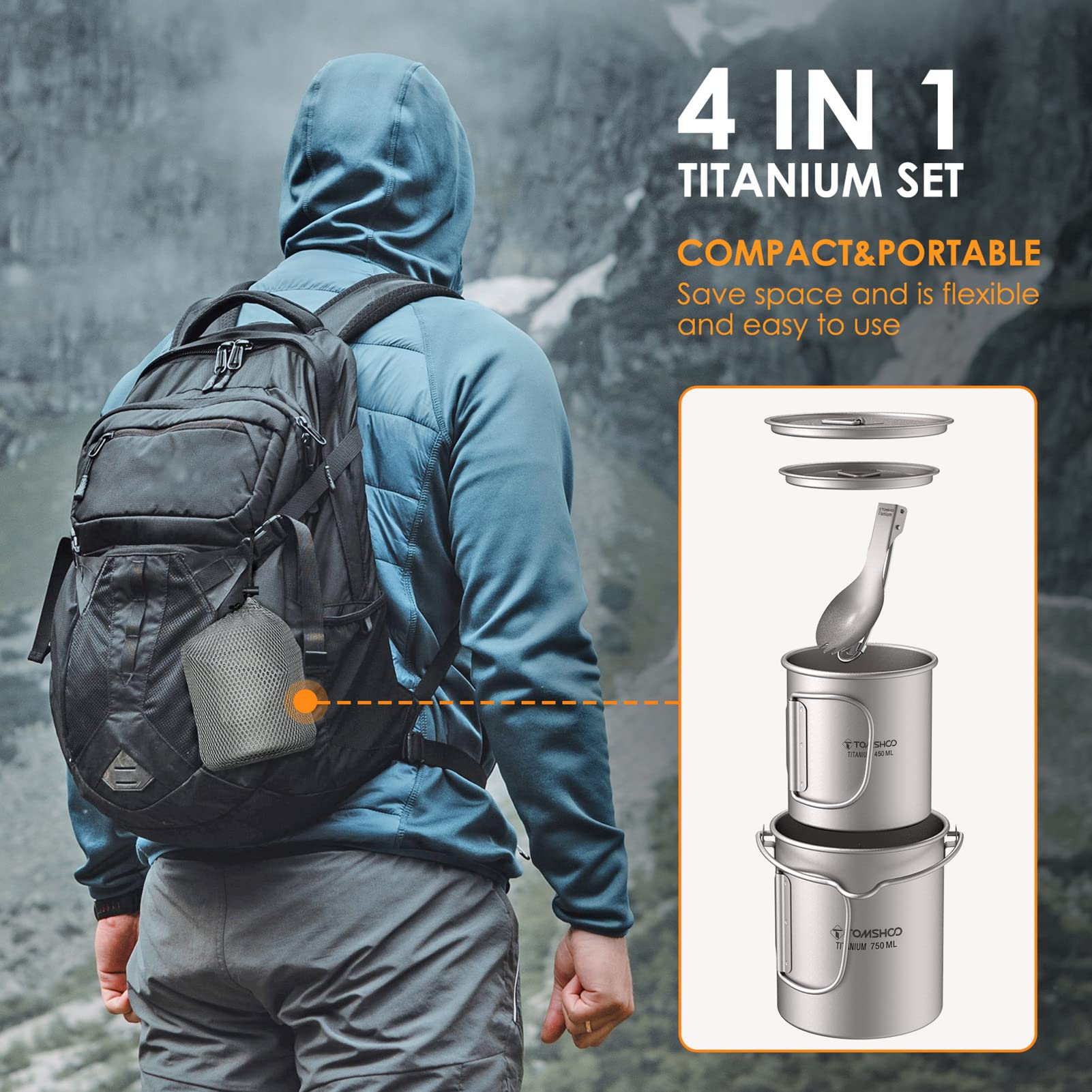 TOMSHOO Titanium Camping Pot with Lid - Lightweight Outdoor Coffee Mug, Foldable Handle for Backpacking, Hiking & Travel - Perfect for Campfire Cooking & Outdoor Adventures