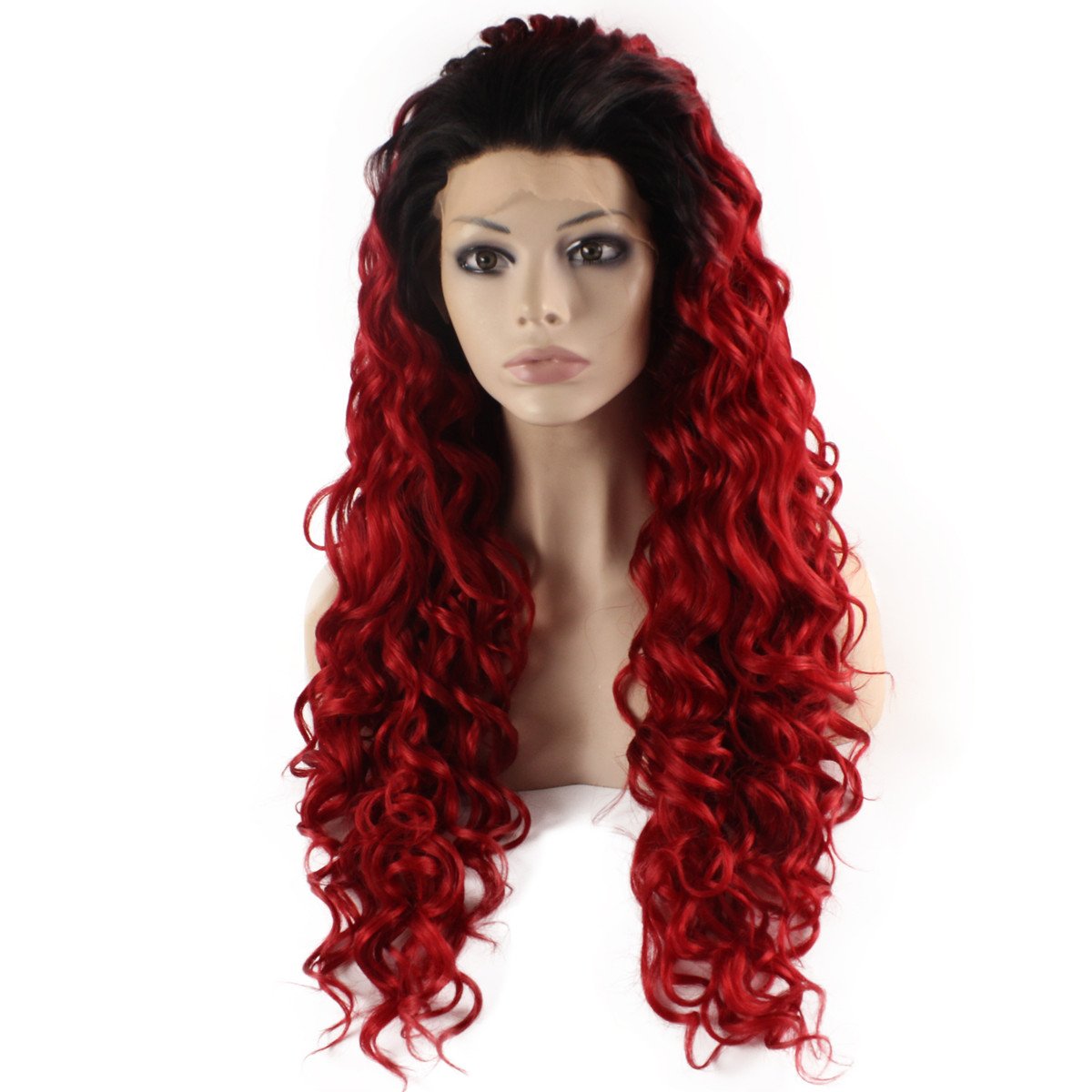 Mxangel Long Curly Dark Root Ombre Red Synthetic Lace Front Wig - Heat Resistant Cosplay Wig for Halloween, Parties & Costume Events