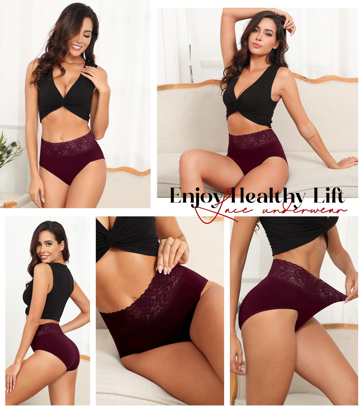 Wealurre Women's Cotton Bikini Panties - High Waisted Lace Hipster Stretch Briefs - 5 Pack Soft Underwear for Everyday Comfort | Perfect for Work, Yoga & Lounge Wear