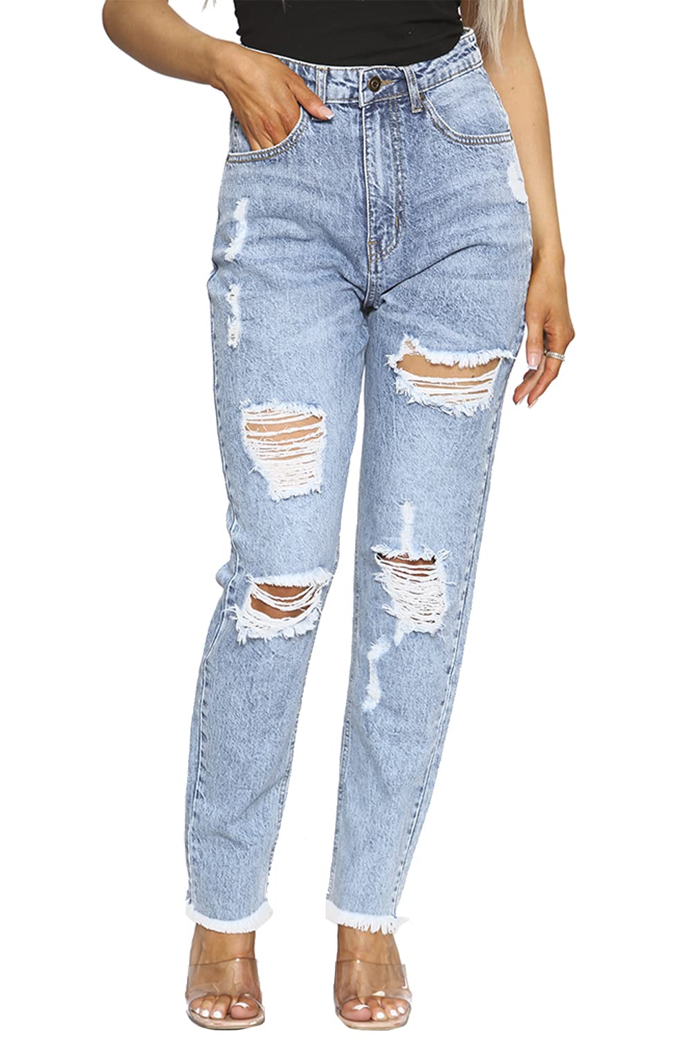 Fashion Star Women's Ripped Distressed High Waisted Faded Wide Leg Denim Skinny Jeans - Blue X-Small (UK 6) | Trendy Vintage Style for Casual Outfits, Streetwear & Everyday Wear
