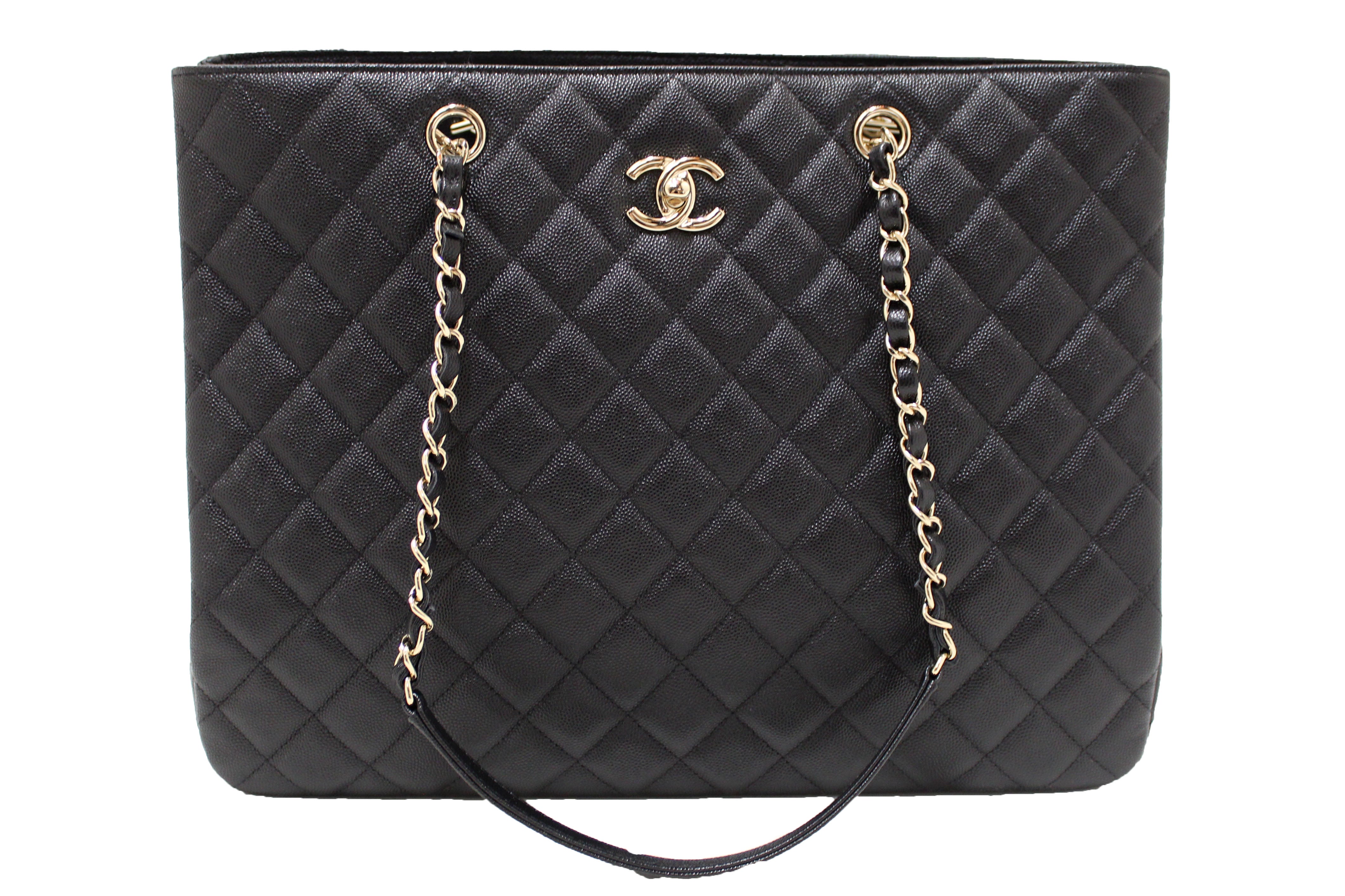 Authentic Chanel Black Quilted Caviar Leather Large Shopping Tote Bag for Women - Luxury Designer Handbag for Work, Travel & Everyday Use