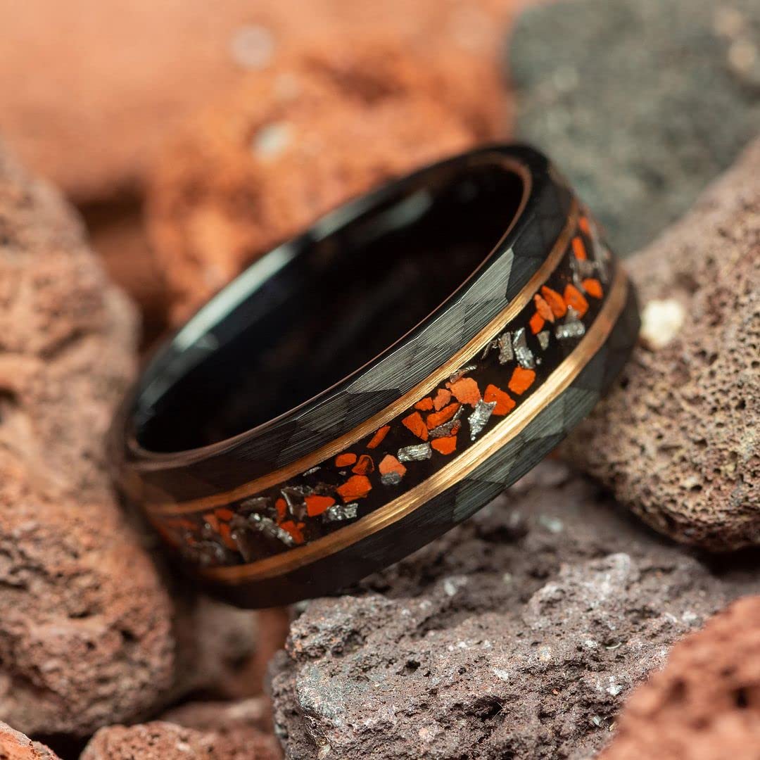 Dinosaur Bone & Meteorite Men's Wedding Ring - Hammered Black Tungsten with Rose Gold Inlay | 8mm Comfort Fit Band for Men | Unique Groomsmen Gift, Anniversary & Engagement Jewelry - Perfect for Outdoor Weddings & Adventure Lovers