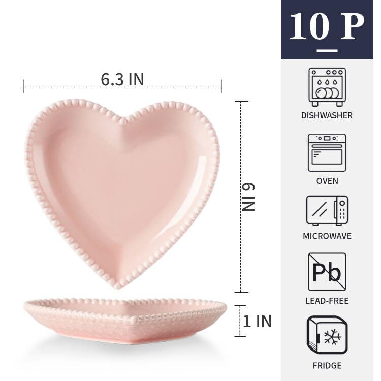 6.3 Inch Heart-Shaped Porcelain Appetizer Plates Set of 10 - Microwave & Dishwasher Safe Small Dinner Plates for Dessert, Salad, Cake, Snack, Ice Cream & Waffles - Perfect for Valentine's Day, Bridal Showers, Tea Parties & Romantic Dinners