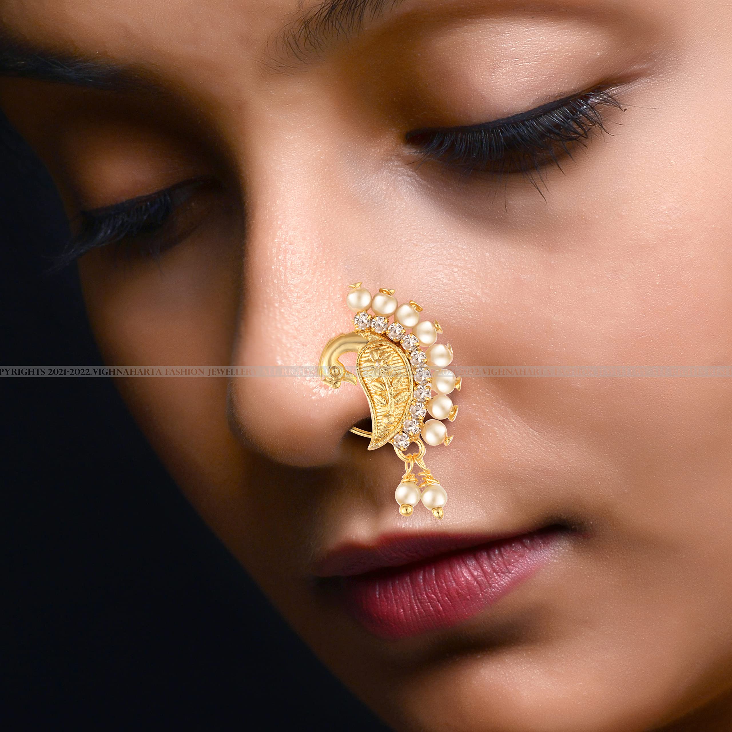 Vighnaharta Gold Plated Alloy Nose Ring with CZ Stones - Traditional Maharashtrian Non-Piercing Nath for Women | Valentine's Day Gift for Her/Him | Perfect for Weddings, Festivals & Ethnic Outfits [VFJ1078NTH-Press-White]