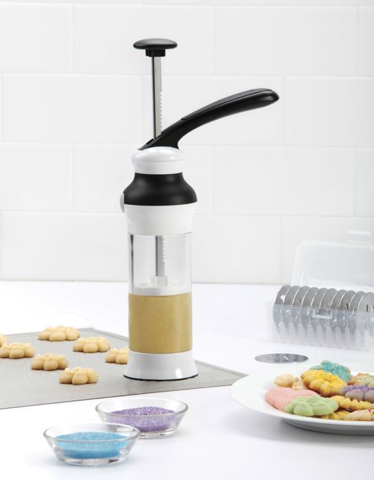 OXO Good Grips Cookie Press - Stainless Steel Cookie Maker with 12 Decorative Discs for Holiday Baking, DIY Cookies & Desserts - Perfect for Christmas, Weddings & Party Treats
