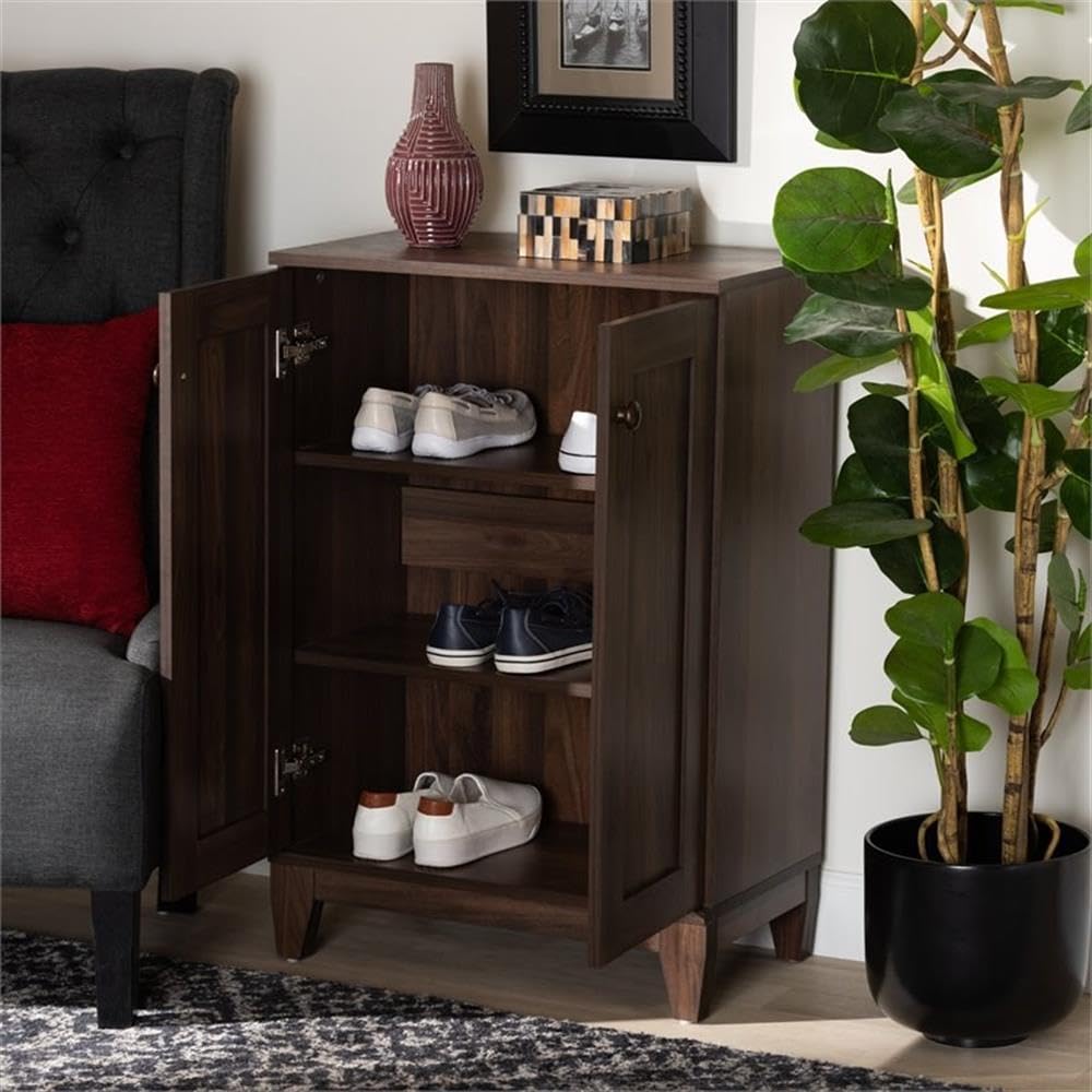 Baxton Studio Nissa Modern Walnut Brown Wood Shoe Cabinet - 2-Door Shoe Storage Organizer for Entryway, Closet & Bedroom