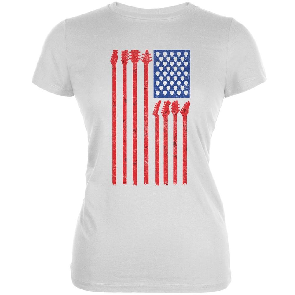 Old Glory 4th of July Patriotic Stars & Stripes Guitar American Flag Junior's Soft Cotton T-Shirt - Perfect for Independence Day Celebrations & Music Festivals