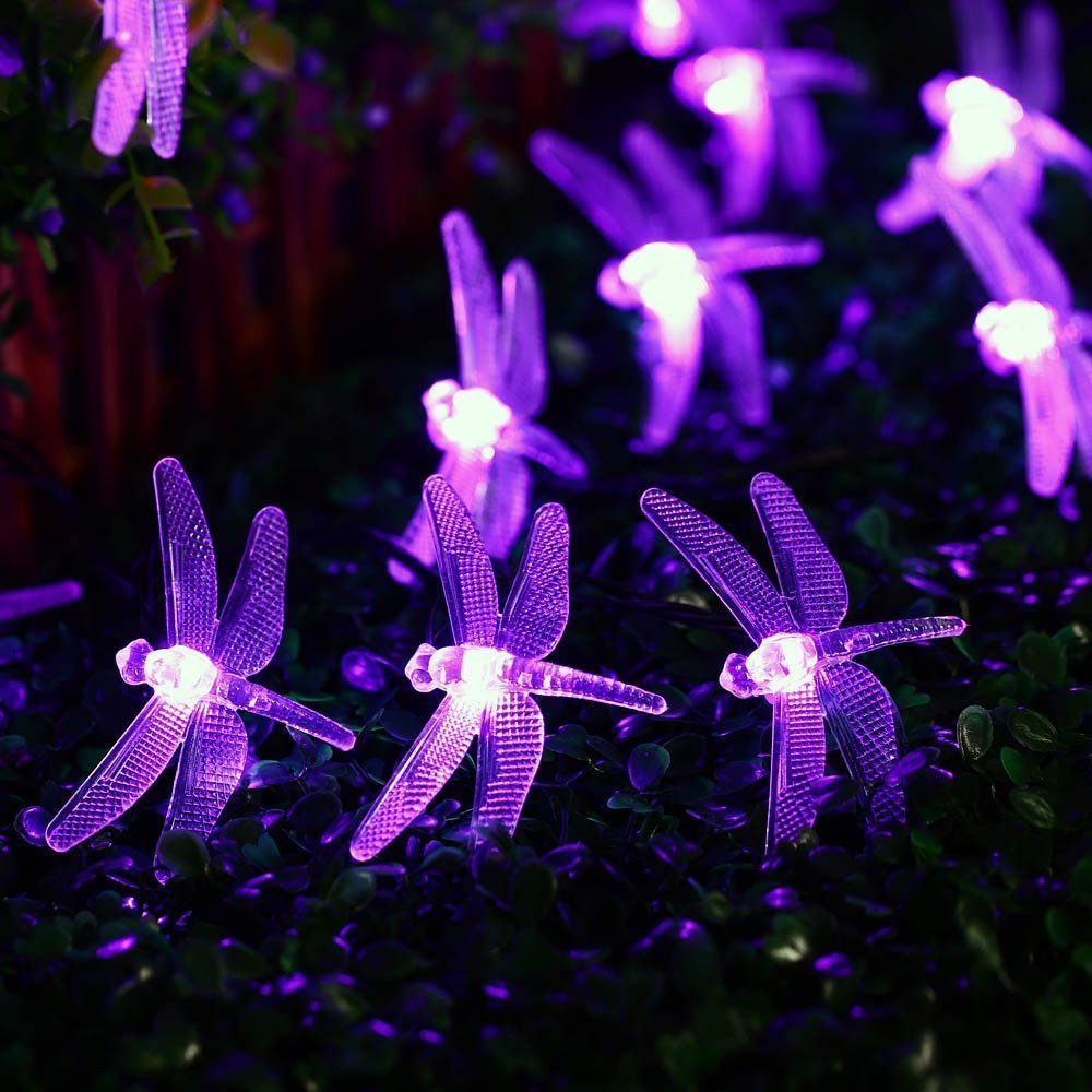30 LED Solar Dragonfly String Lights - 20FT/6M Waterproof Outdoor Fairy Lights for Garden, Patio, Lawn, Christmas & Holiday Decorations (Purple) - Perfect for Backyard Parties, Wedding Decor & Landscape Lighting