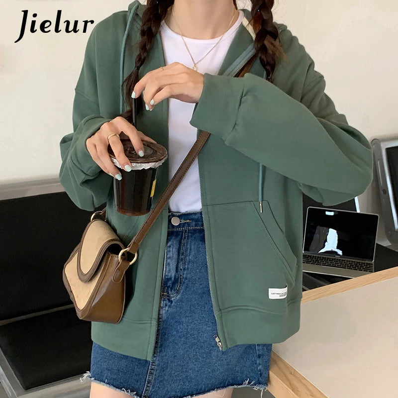 Women's Autumn Zip Up Hoodie - Casual Streetwear Loose Fit Thin Blue Gray Apricot Sweatshirt with Pocket | Cozy Fall Outerwear for Everyday Wear, Travel & College Campus Fashion