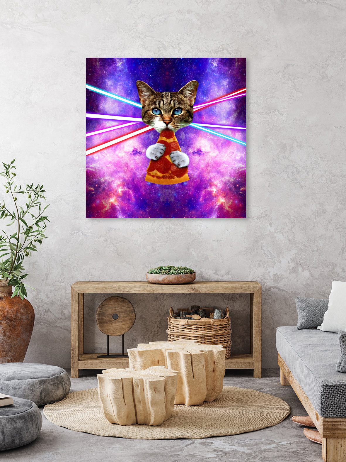 Cat Eating Pizza in Space Galaxy Print T-Shirt - Funny Cosmos Astronaut Cat Design for Pet Lovers & Sci-Fi Fans - Perfect for Casual Wear, Gifts & Space-Themed Parties