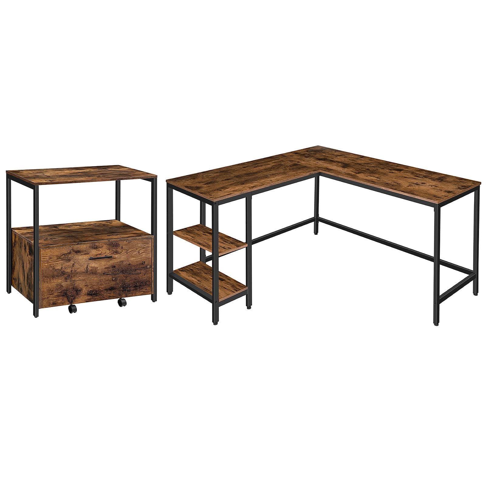 HOOBRO Industrial L-Shaped Computer Desk with Adjustable Shelves & Lateral File Cabinet Set - Rustic Brown Corner Writing Desk with Vertical Storage & Hanging File Drawers | Perfect for Home Office, Gaming Setup & Small Workspace Organization