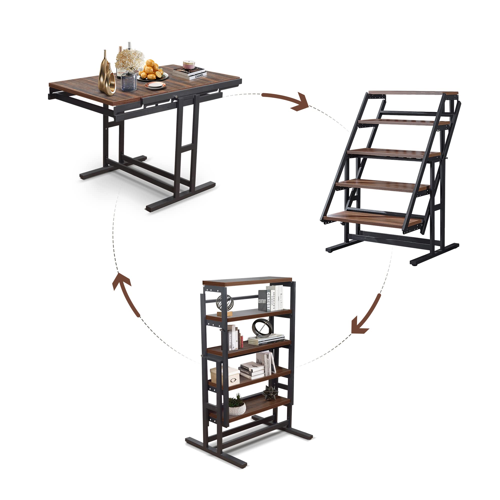 Yoluckea 2-in-1 Convertible Shelf Table - Wood Dining Table & Metal Display Bookshelf Stand - Multipurpose Storage Shelf for Living Room, Office, Bedroom (Walnut) - Perfect for Small Spaces, Home Decor & Book Display