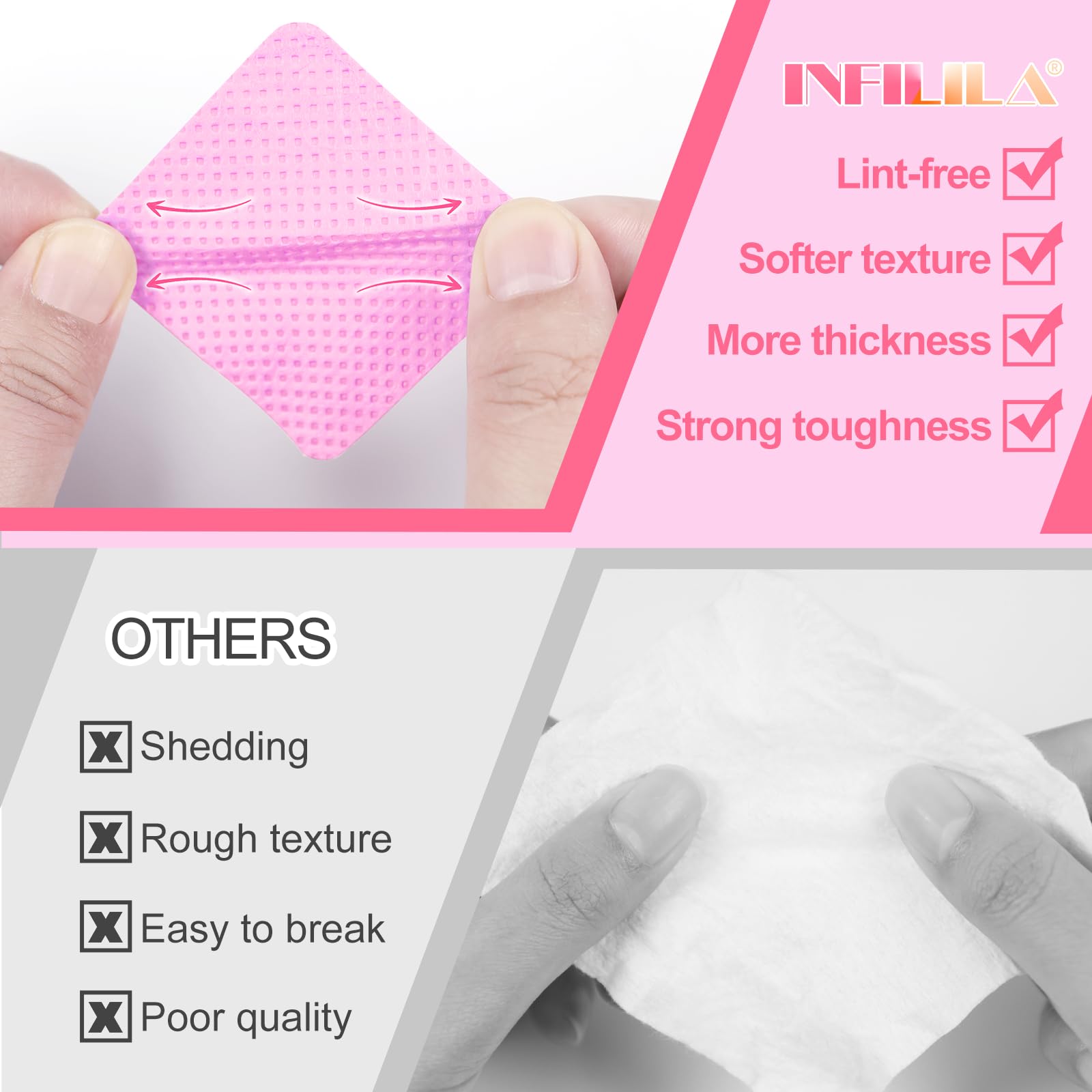 NXJ INFILILA 400PCS Lint-Free Non-Woven Nail Wipes - Dry Cleaning Pads for Nail Polish Remover, Eyelash Extension Glue & Salon Supplies - Perfect for Nail Art, Manicures & Professional Salon Use