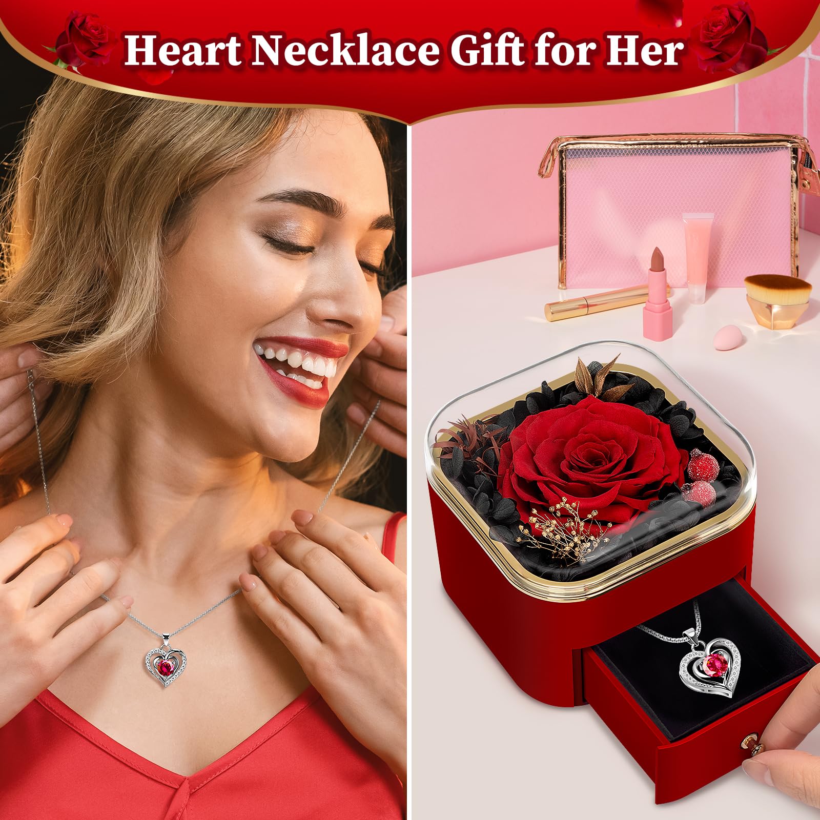 Real Preserved Rose Heart Necklace - Romantic Eternal Flower Jewelry Gift for Women, Girlfriend, Wife, Mom, Grandma - Birthday, Anniversary, Christmas Present (Red) - Perfect for Special Occasions & Keepsake Memories