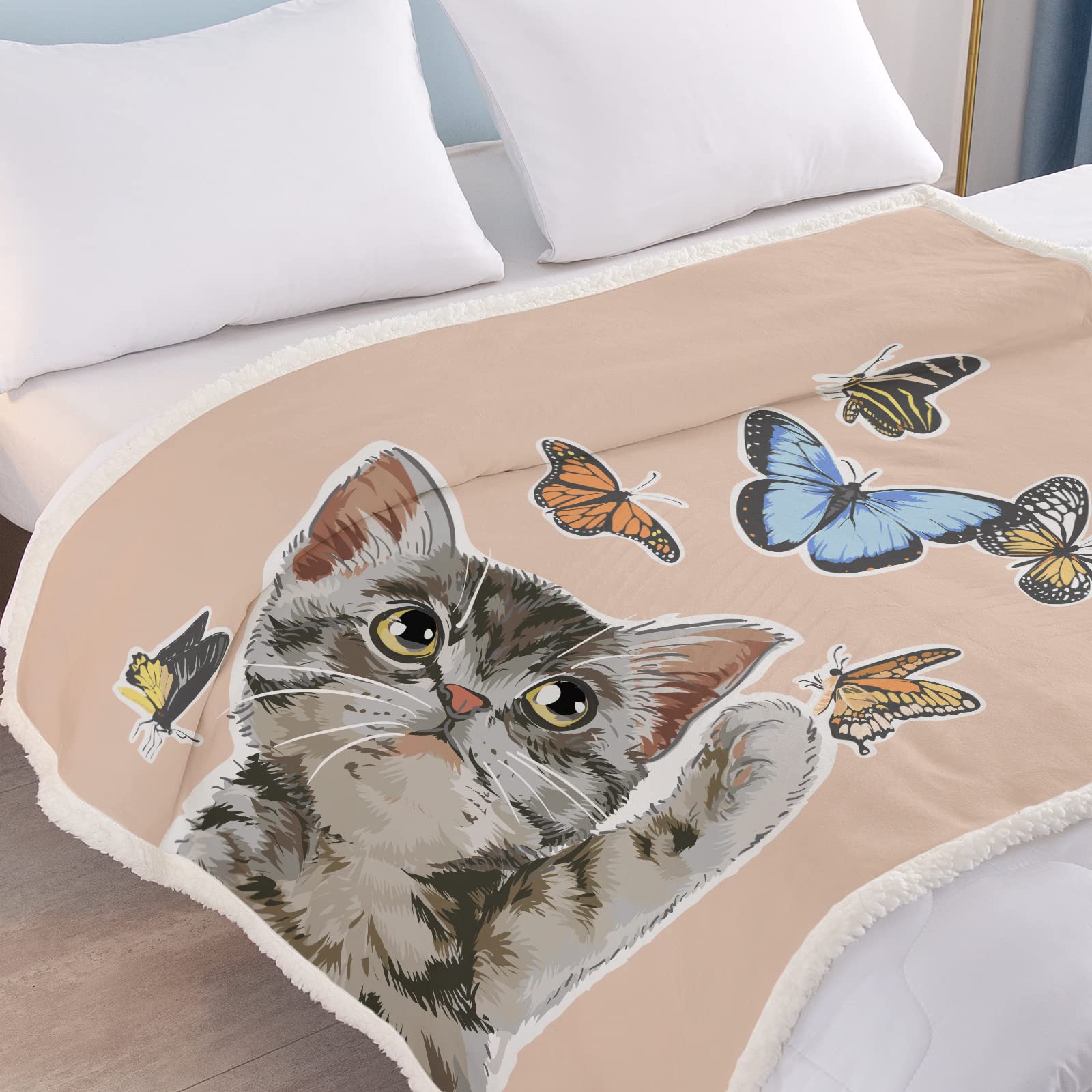 SOULZZZ Light Pink Sherpa Cat Blanket Queen Size - Soft Fluffy Plush Throw for Teens & Adults, Cute Persian Cat & Butterflies Design - Perfect for Bed, Couch, Nap, Gift for Cat Lovers (30x40 Inches) - Cozy Home Decor, Movie Nights & Winter Warmth
