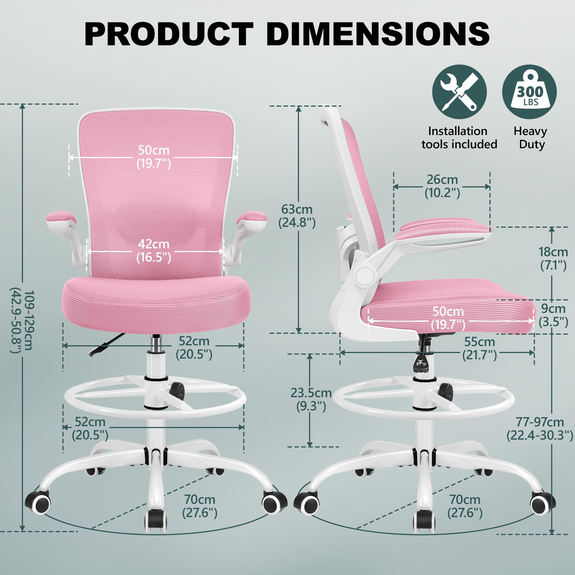 FelixKing Ergonomic Drafting Chair - Adjustable Height Office Chair with Breathable Mesh Back, Flip-Up Armrests & Lumbar Support - Comfortable High Back Executive Chair for Home Office, Computer Work & Architectural Drafting