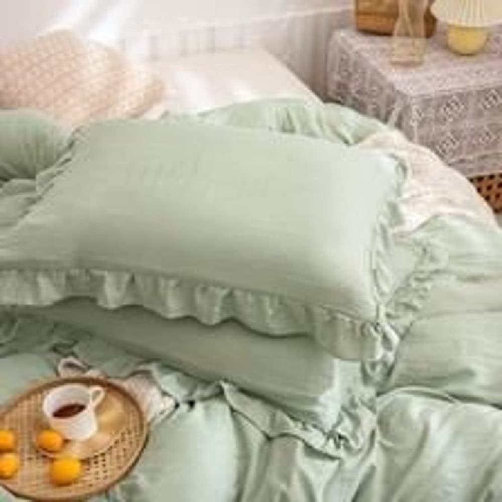 Sage Green Ruffled Cotton Duvet Cover Set - Queen, King, Full & California King Size | Soft Bedding with Romantic Ruffle Design | Perfect for Master Bedroom, Guest Room & Cozy Farmhouse Decor