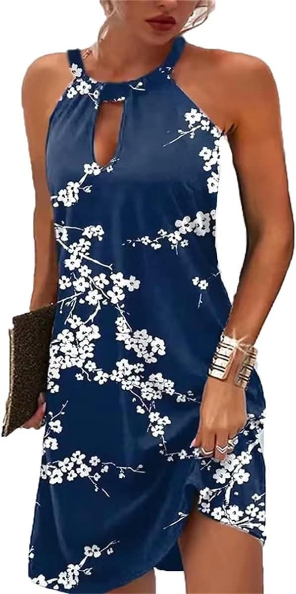 Women's Floral Print Halter Sundress - Casual A-Line Summer Dress with Hollow Out Design for Beach Vacation, Pool Party & Outdoor Date Night