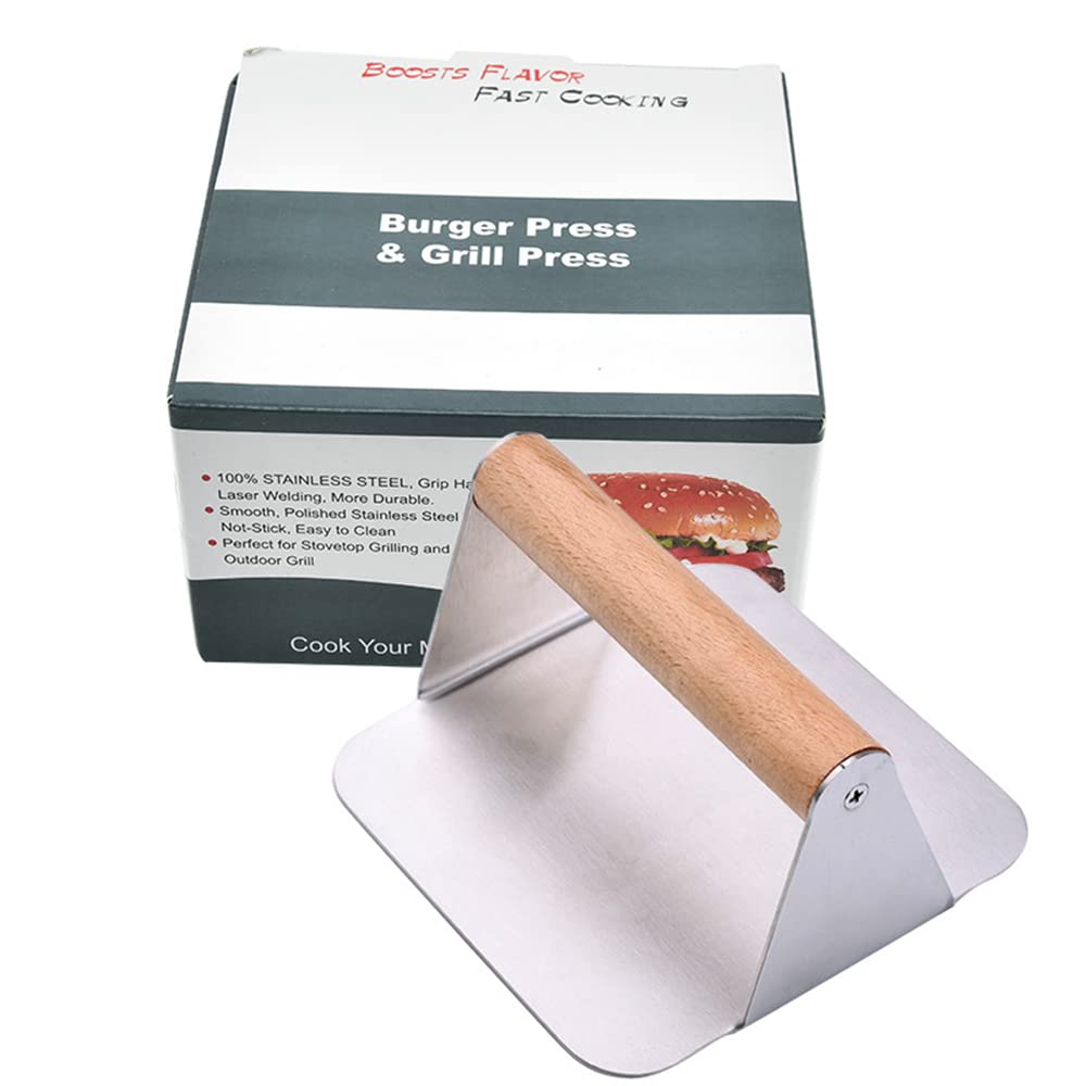 Premium 304 Stainless Steel Meat Press - Round & Square Hamburger Patty Maker with Wooden Handle for Steak, Burgers & Meatballs | Heavy Duty Kitchen Tool for BBQ, Grilling & Home Cooking