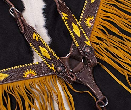 Showman Dark Leather Hand-Painted Sunflower Equestrian Headstall & Breast Collar Set with Fringe and Reins - Perfect for Western Riding, Horse Shows, and Rodeo Events