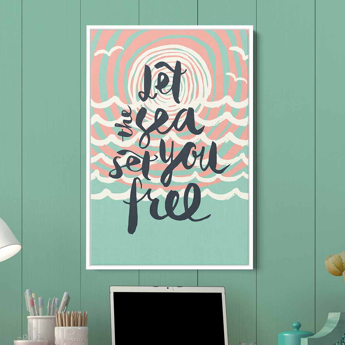 Turquoise Let the Sea Set You Free Wall Art Canvas Print - Coastal Beach Decor for Living Room, Bedroom & Office - 4962
