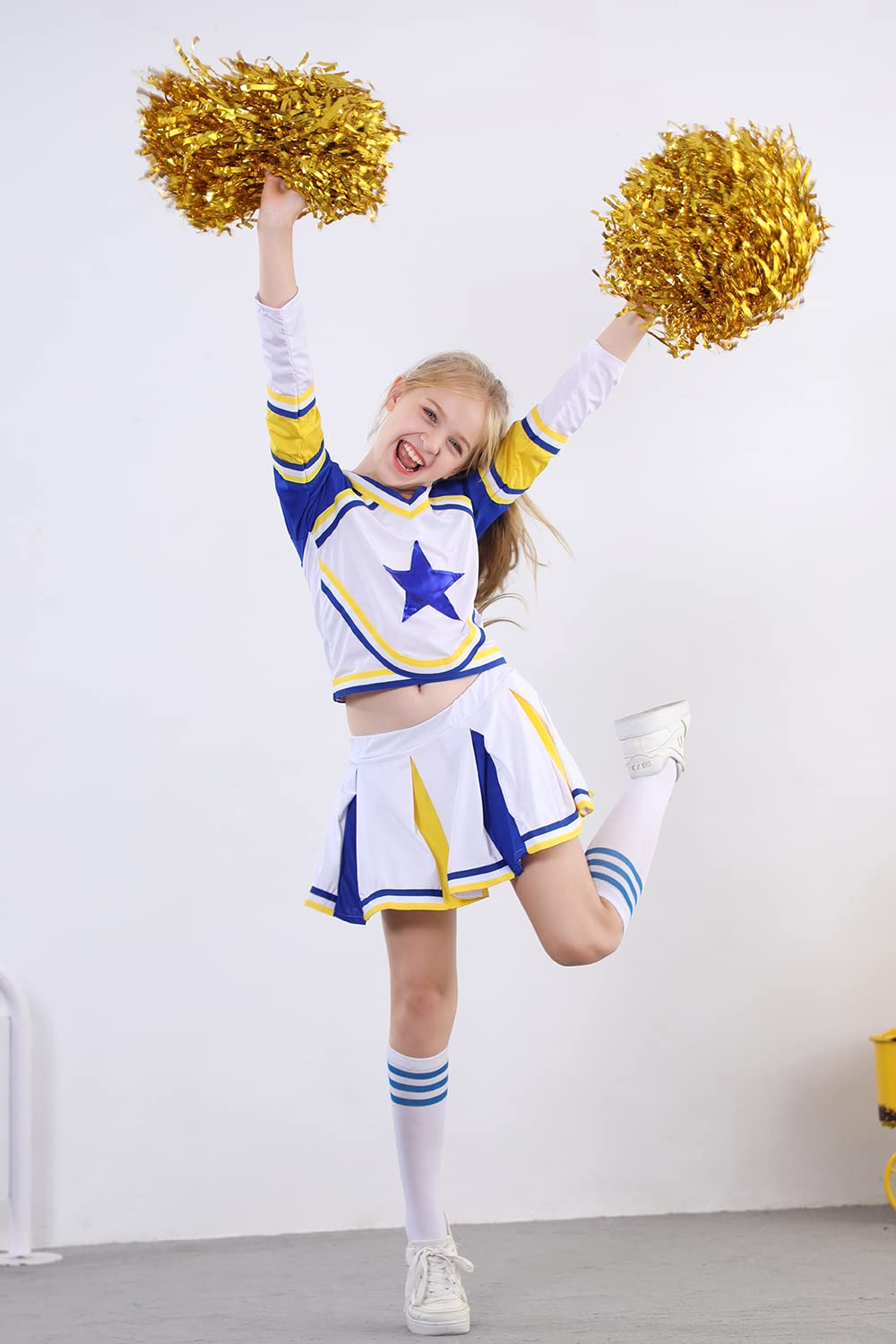 Lontakids Cheerleader Costume for Girls - Cheerleading Uniform Dress Outfit with Stockings & 2 Pom Poms | Perfect for Halloween, Cheer Competitions & School Spirit Events