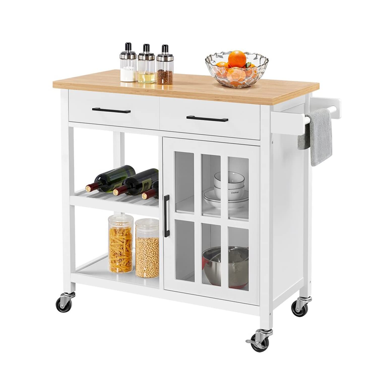 Lockable Wheel Kitchen Island Cart with Bamboo Top & Drawers - Perfect for Small Kitchens & Rolling Storage