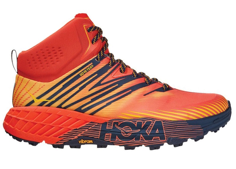 Hoka Speedgoat Mid GTX 2 Waterproof Hiking Boots for Men - Mandarin Red/Gold Fusion - Size 11 D Medium - Trail Running & Outdoor Adventure Shoes