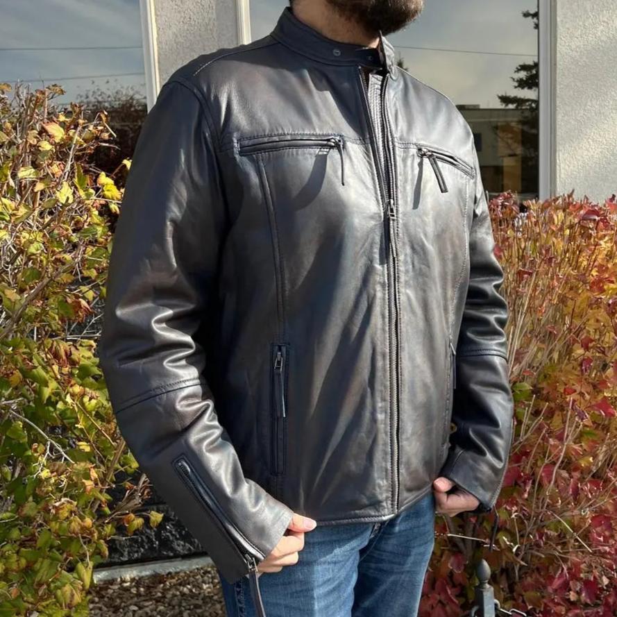 BOL Men's Snap Collar Lamb Leather Jacket - Stylish Genuine Leather Biker Jacket for Men, Perfect for Motorcycle Riding, Casual Outfits & Night Out