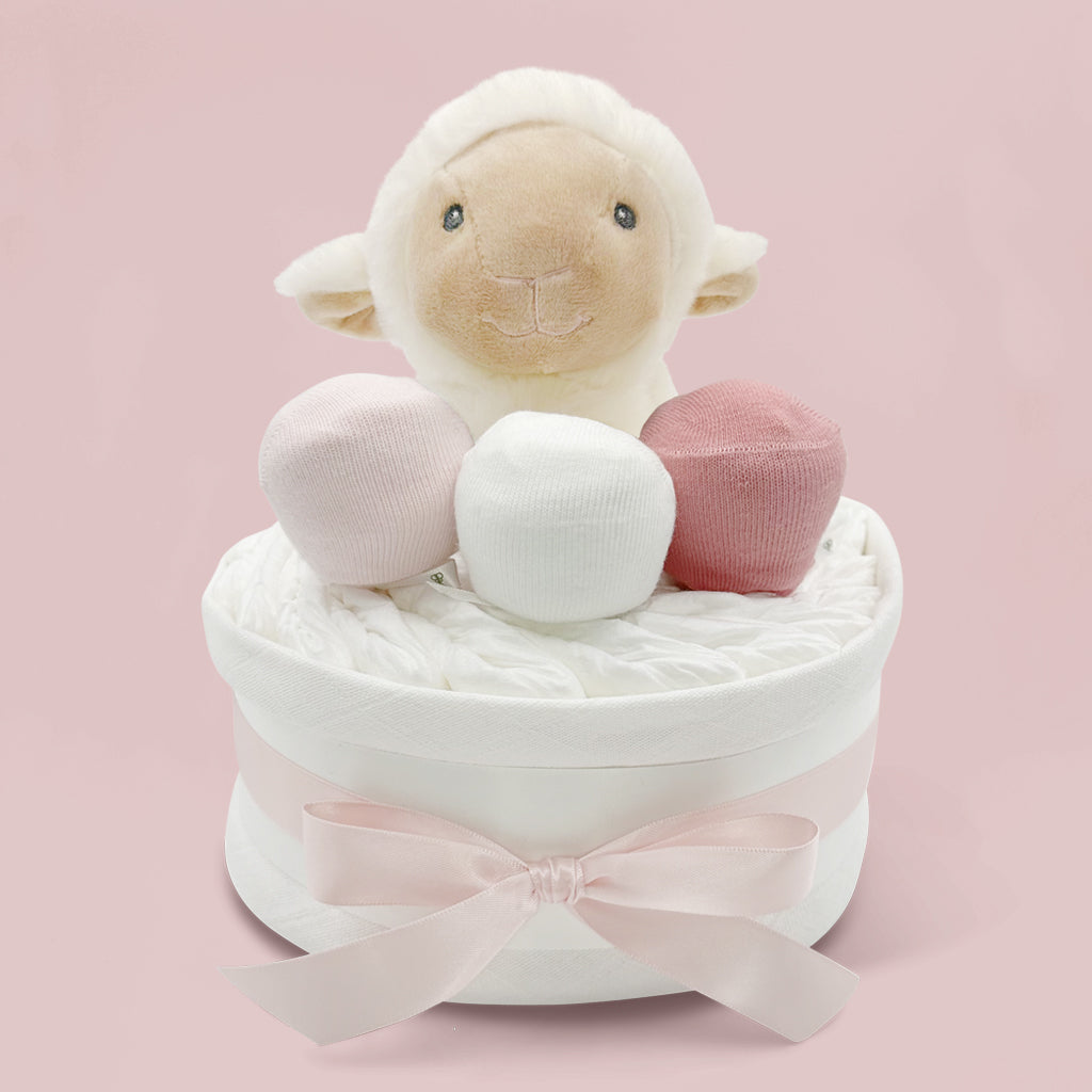 Little Lamb Diaper Cake - Adorable Pink Baby Shower Gift for Girls, Perfect for Newborn Celebrations and Nursery Decor