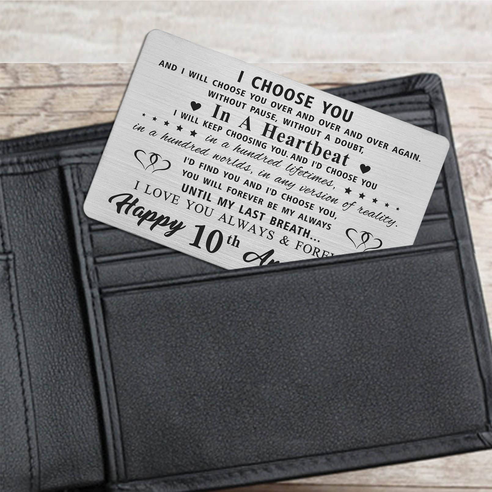 10 Year Anniversary Card for Husband - Personalized Engraved Metal Wallet Insert - Romantic Gift for Him - Perfect for 10th Wedding Anniversary Celebrations