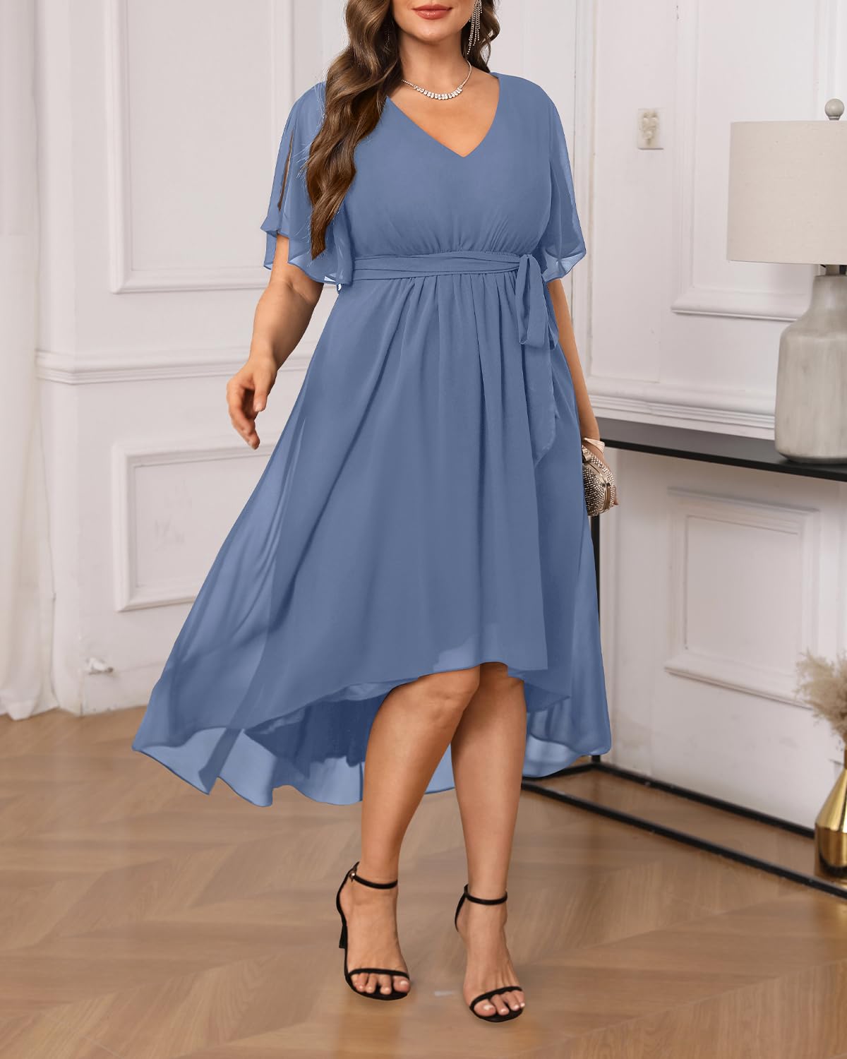 Elegant Plus Size Wedding Guest Dress - Formal Cocktail Chiffon V-Neck Short Sleeve High-Low Dress for Curvy Women | Perfect for Weddings, Parties & Special Occasions