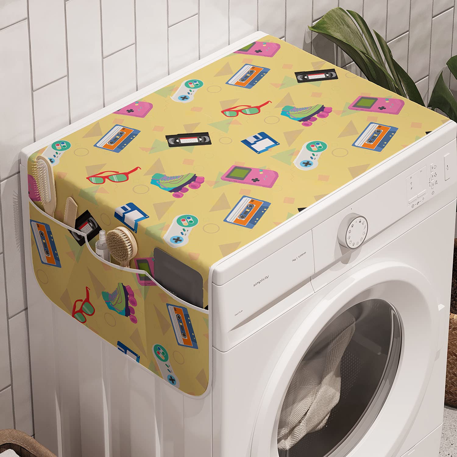 Ambesonne Retro Washing Machine Cover - 90s Theme Anti-Slip Fabric Organizer for Washers & Dryers 47