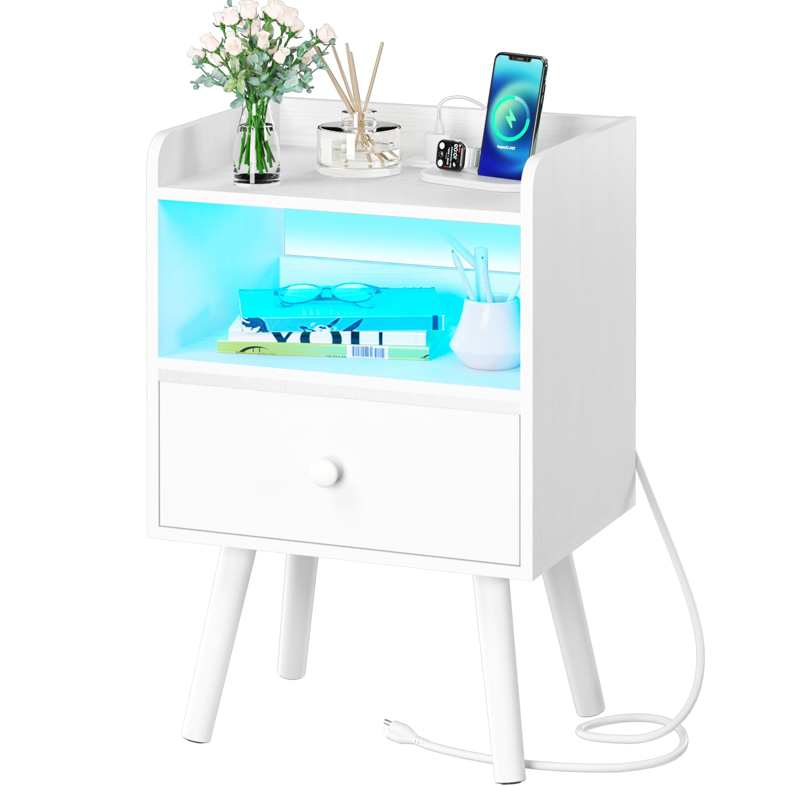 Yoobure Modern Nightstand with Charging Station & LED Lights - Wooden Bedside Table with USB Ports, Fabric Drawer & Storage Shelf - Perfect for Bedroom, Office, Home Decor (Night Stand with Convenient Charging & Stylish Lighting)