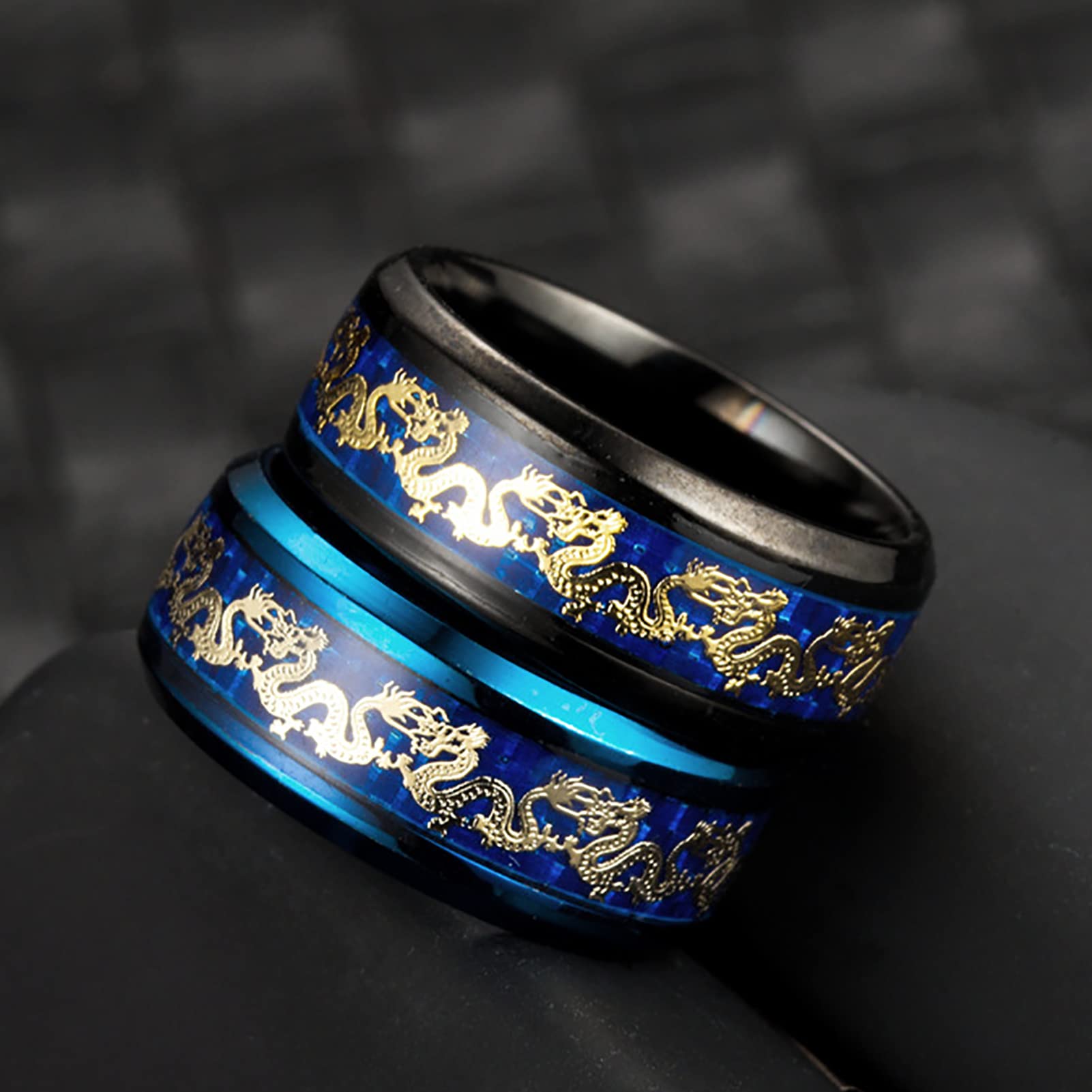 Chinese Dragon Titanium Steel Ring - Gold Inlaid Celtic Dragon Ring for Men - Blue & Black Viking Jewelry for Gifts, Weddings & Cosplay