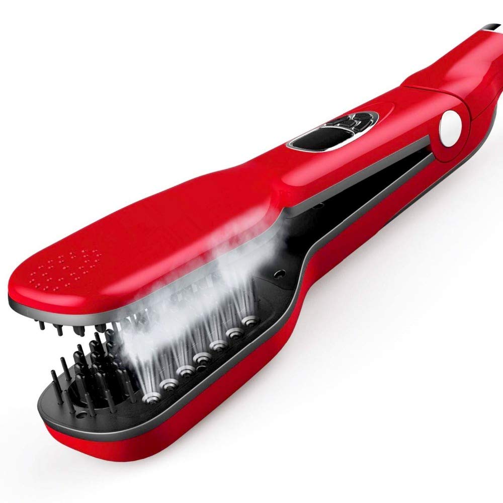 Professional Salon Steam Ceramic Hair Straightener - Best 3D Ionic Wet to Dry Straightening Brush with Dual Voltage (110V-220V) - Wide Plate Hair Straightener Comb for All Hair Types - Travel Friendly Styling Kit (Red) - Perfect for Home Use, Salon Styling & On-the-Go Hair Care