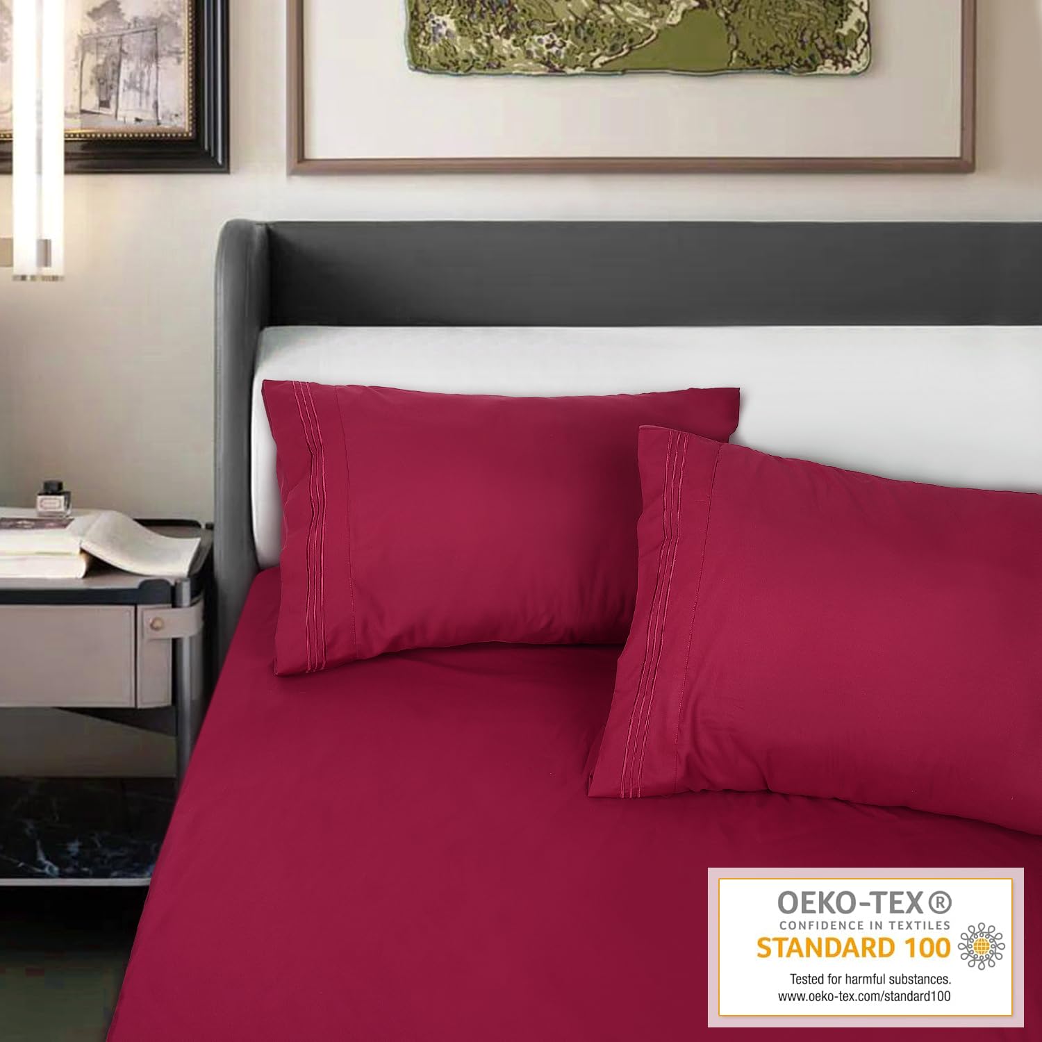 Premium 1800 Thread Count King Size Pillowcases (2 Pack) - Soft Brushed Microfiber, Wrinkle-Free & Breathable - Burgundy Embroidered Luxury Bedding for Hotels, Guest Rooms & Home Decor - Machine Washable