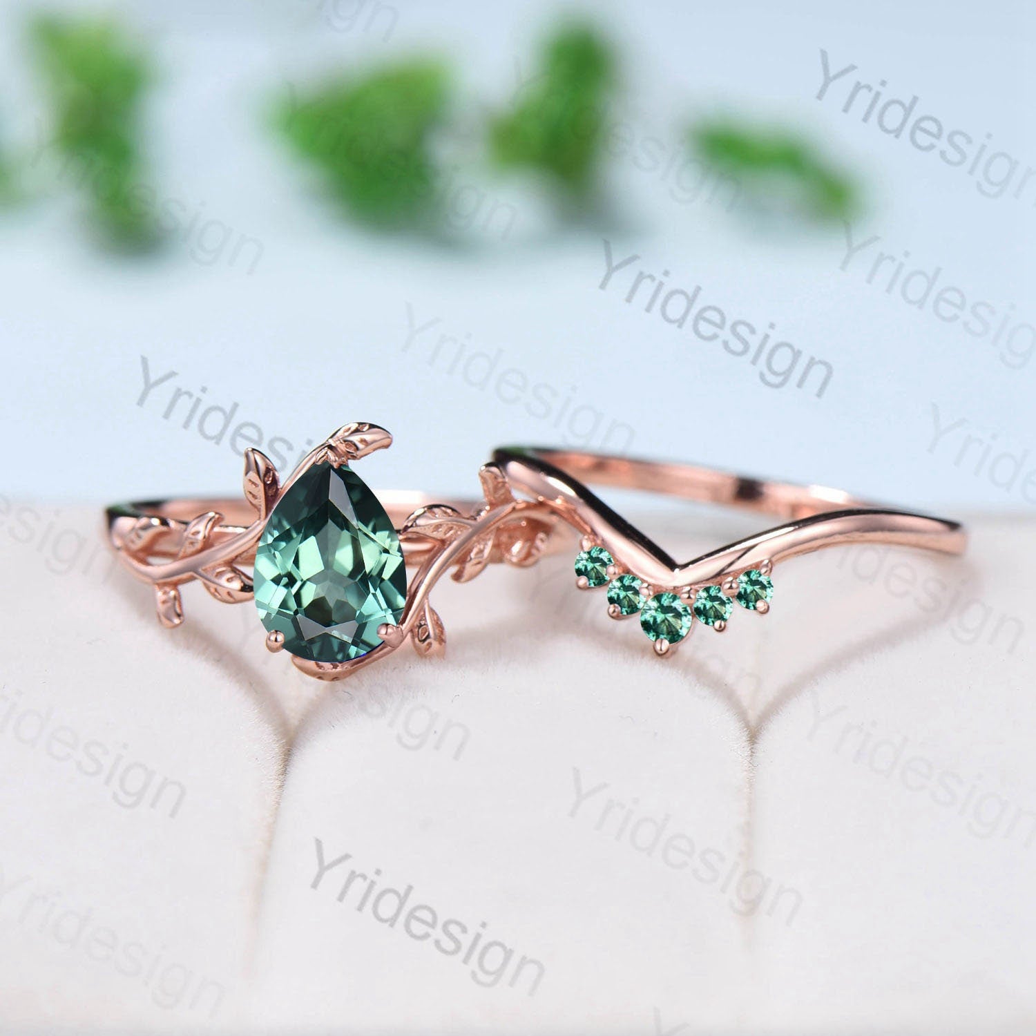 Elegant Teardrop Green Sapphire Solitaire Ring - Nature Inspired Vintage Wedding & Engagement Ring Set for Women - Perfect for Bridal, Anniversary, and Special Occasions