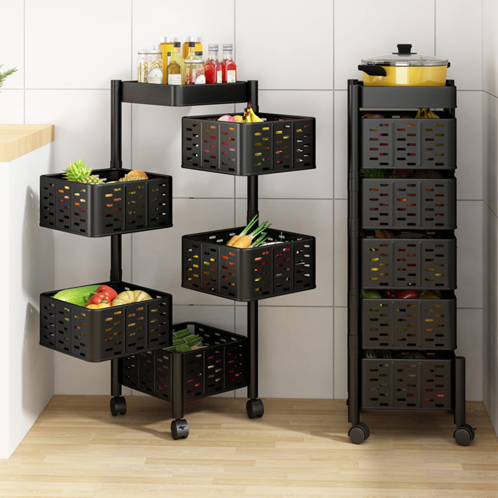 360° Rotating Kitchen Vegetable Shelf - 2-Tier Black Space-Saving Floor Storage Rack for Fruits & Vegetables | Perfect for Pantry Organization & Small Kitchen Spaces
