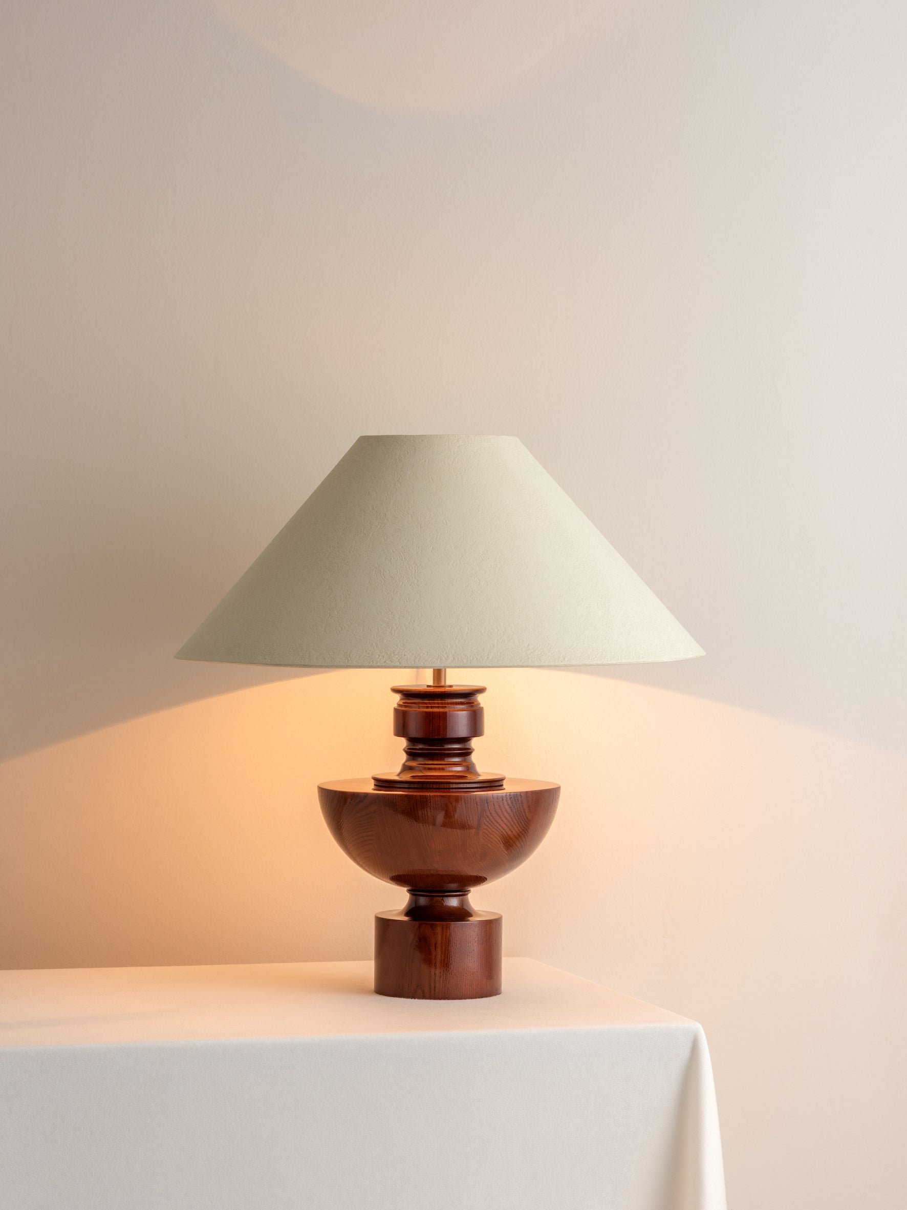 Handmade Spun Wood Table Lamp with Plaster Shade - Modern Farmhouse Bedside Lighting for Living Room, Bedroom & Office Decor