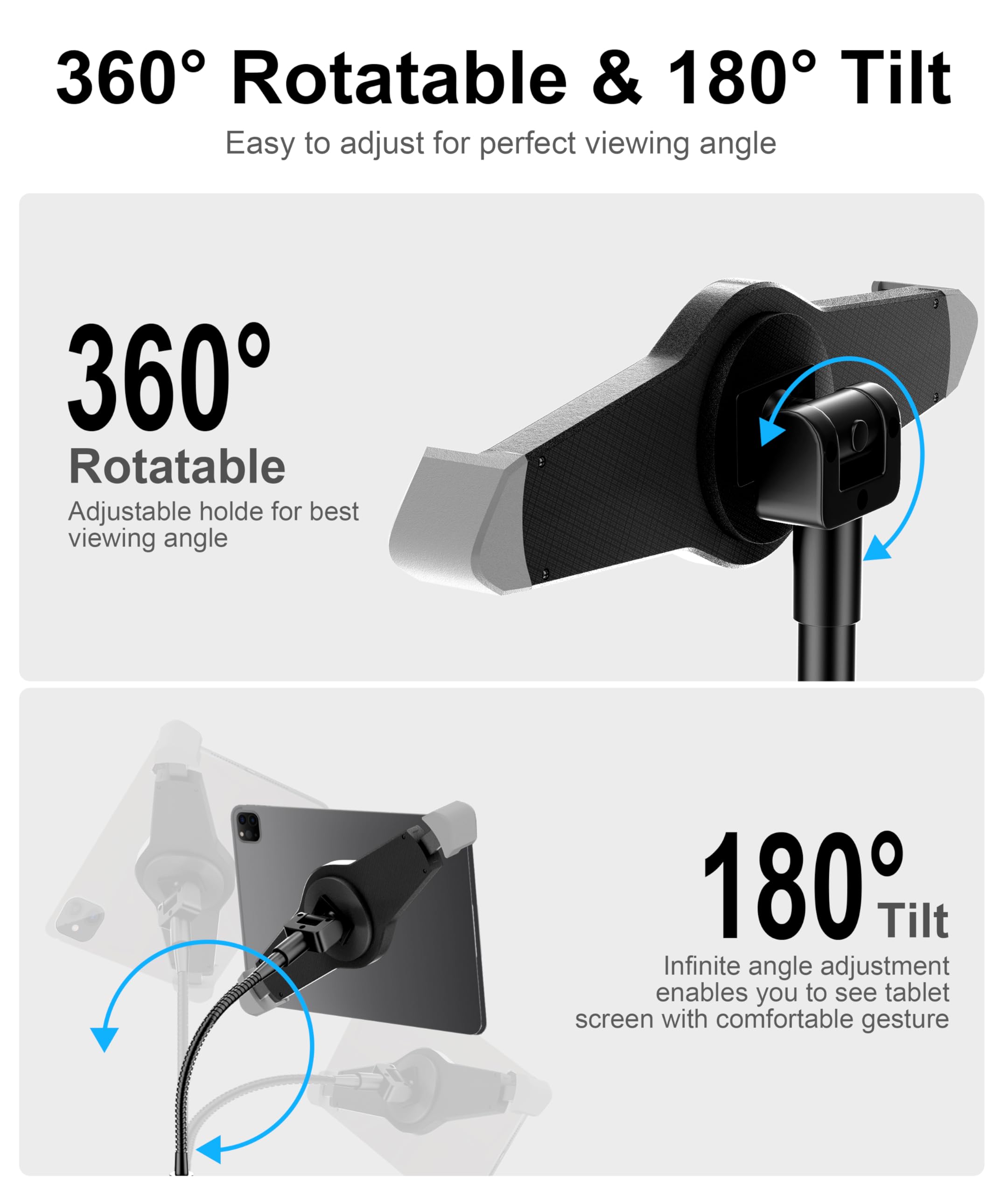 Adjustable Metal Gooseneck iPad Tripod Stand with 2 Holders - Compatible with iPad Pro 12.9, iPad Air, iPad Mini, Samsung Galaxy Tab & All 9.7-15 inch Tablets/Phones - Perfect for Home Office, Video Calls, Reading & Photography