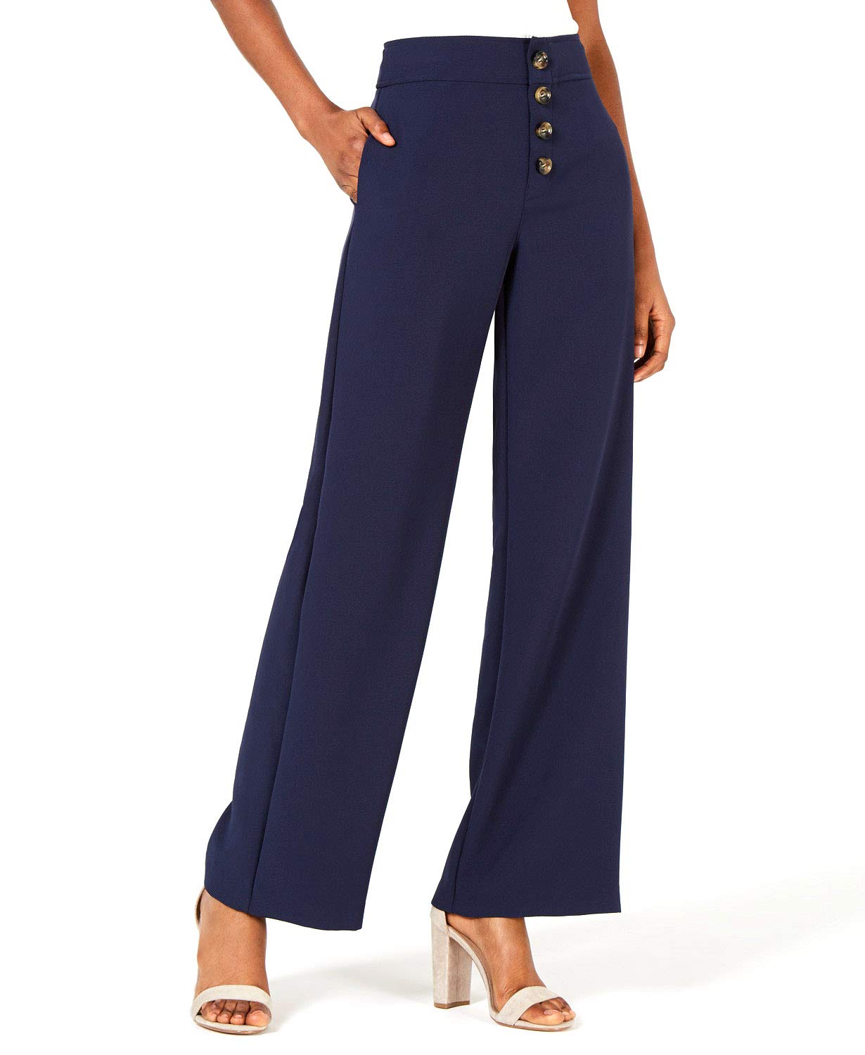 Diane Button-Front Wide-Leg Pants for Women - Navy Blue XS - Comfortable High Waisted Trousers for Work, Office & Casual Outfits