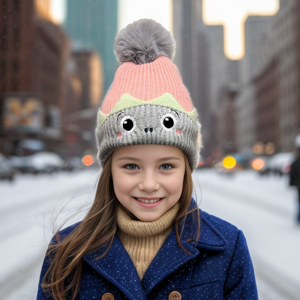 Kids Monster Bobble Hat - Pink & Grey Winter Beanie for Boys & Girls (Ages 2-8) | Cute Animal Ear Hat for Outdoor Play, School & Family Photos