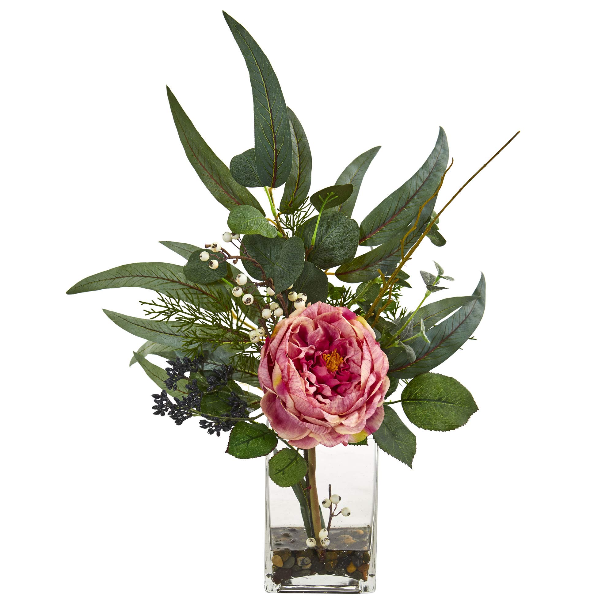 Nearly Natural 21-inch Pink Silk Rose & Eucalyptus Artificial Flower Arrangement - Elegant Home Decor for Living Room, Wedding Centerpiece, Office Desk