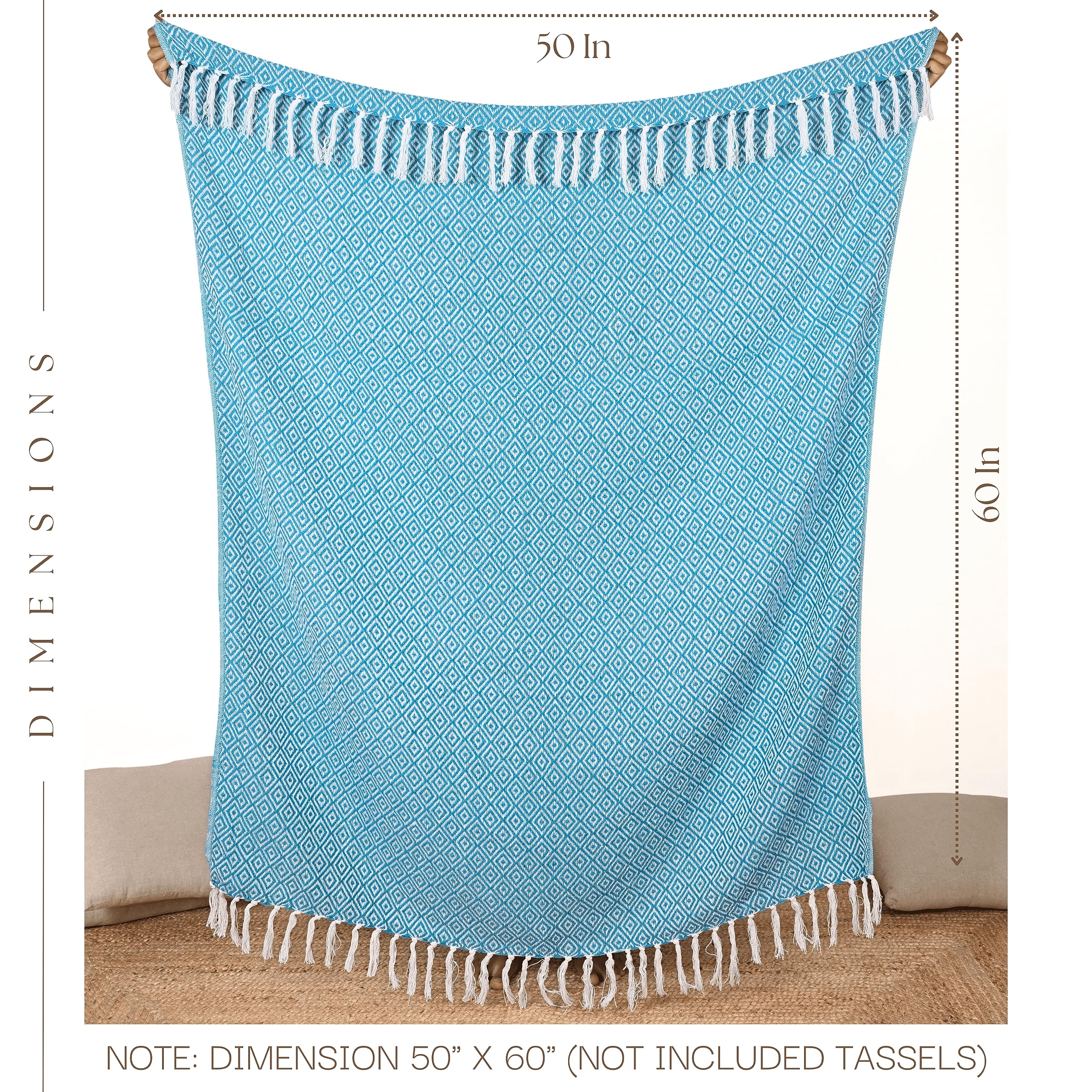 RAJRANG 50x60 Inches Soft 100% Cotton Boho Throw Blanket with Tassels - Farmhouse Decorative Blanket for Bed, Sofa & Couch in Caribbean Sea Blue - Perfect for Cozy Evenings, Home Decor & Gift Giving