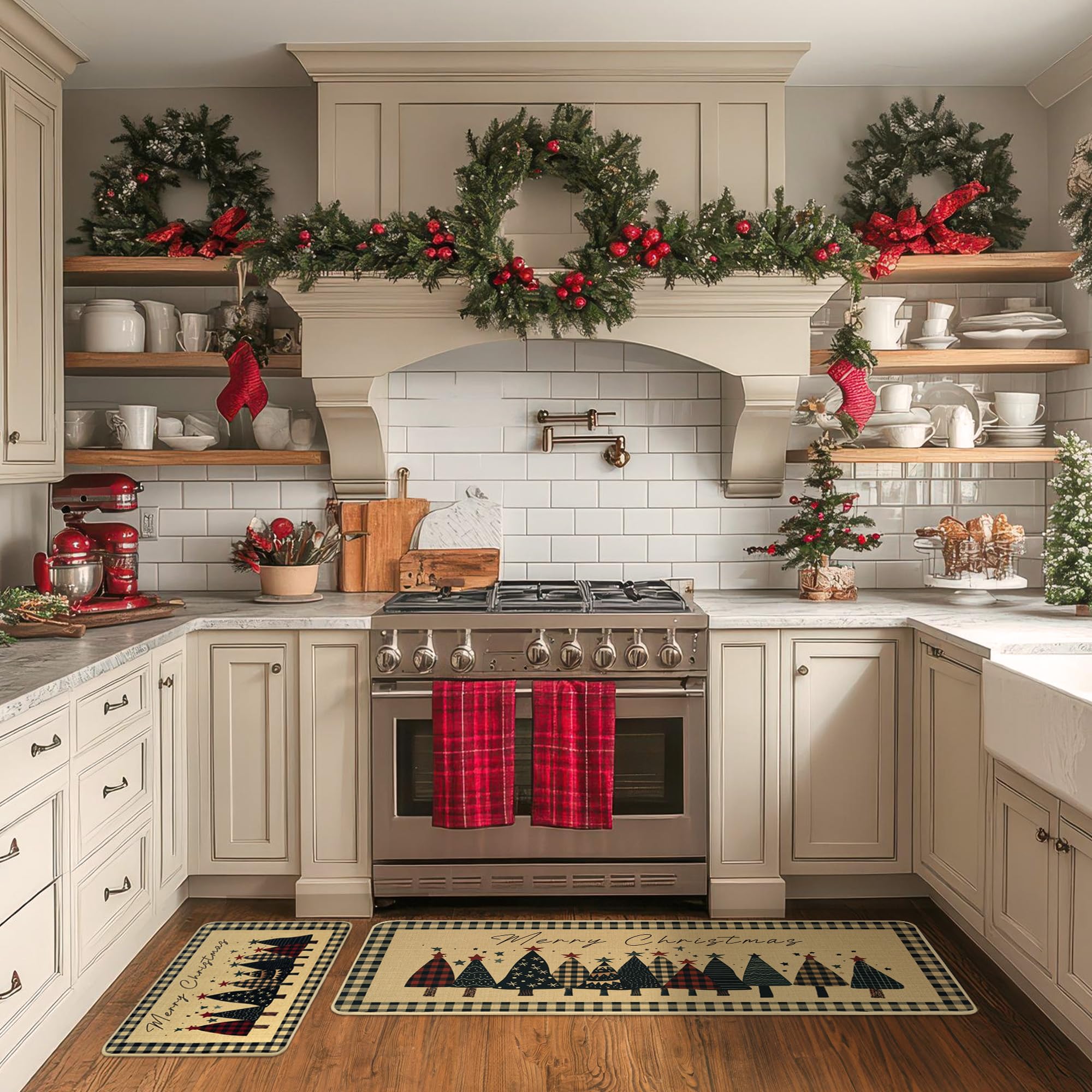 GRANNY SAYS Christmas Kitchen Rugs Set of 2 - Non-Slip Washable Floor Mats for Holiday Decor (17x30 & 17x47) - Farmhouse Style Christmas Tree Design - Perfect for Kitchen, Dining Room & Entryway Decorations