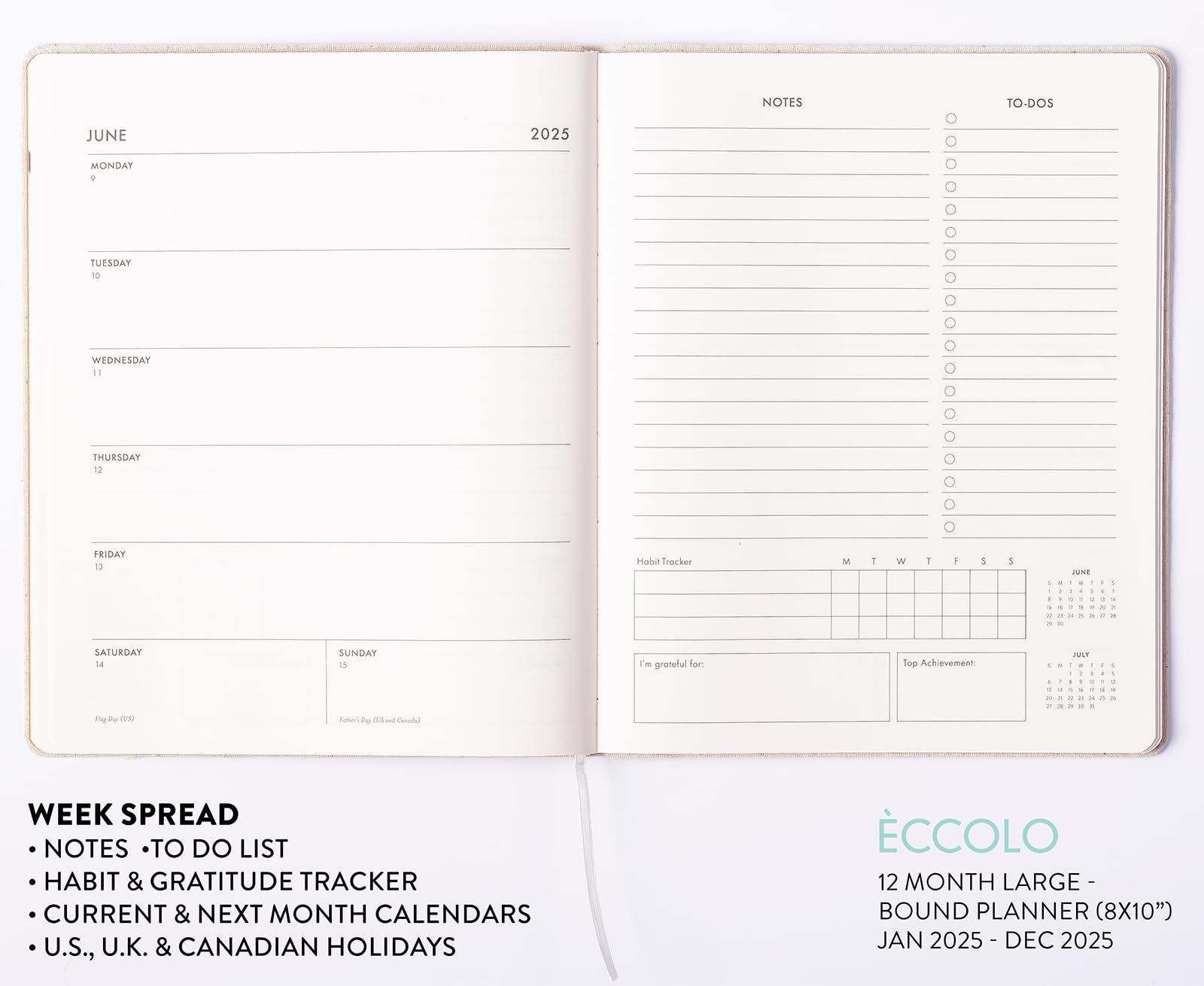**Eccolo 2025 Large 12-Month Planner - Yearly, Monthly & Weekly Pages with Habit & Gratitude Tracker - Linen Flexi-Cover (8
