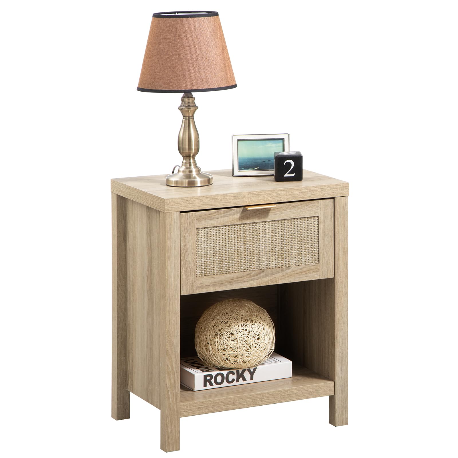 SICOTAS Rattan Night Stands - Farmhouse Boho End Side Table with Drawer & Open Shelf, Light Oak Bedside Table for Bedroom - Perfect for Small Spaces, Guest Rooms & Cozy Home Decor